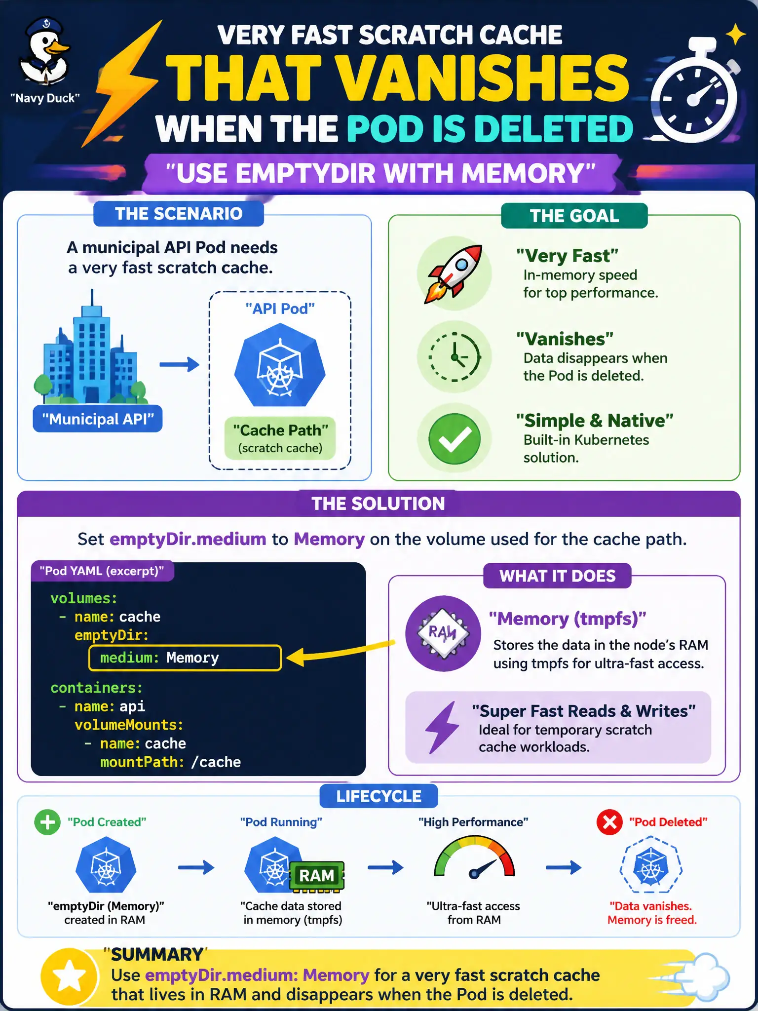 To Create an exciting colorful infographic that explains the concepts in the question: Question: A municipal API Pod needs a very fast scratch cache that vanishes when the Pod is deleted. Which emptyDir setting gives tmpfs-backed memory storage? Correct Answer: Set emptyDir.medium to Memory on the volume used for the cache path. Put EVERY visible label in double quotes. No people. No A/B/C/D letters. In one of the four corners put a little "Navy Duck".