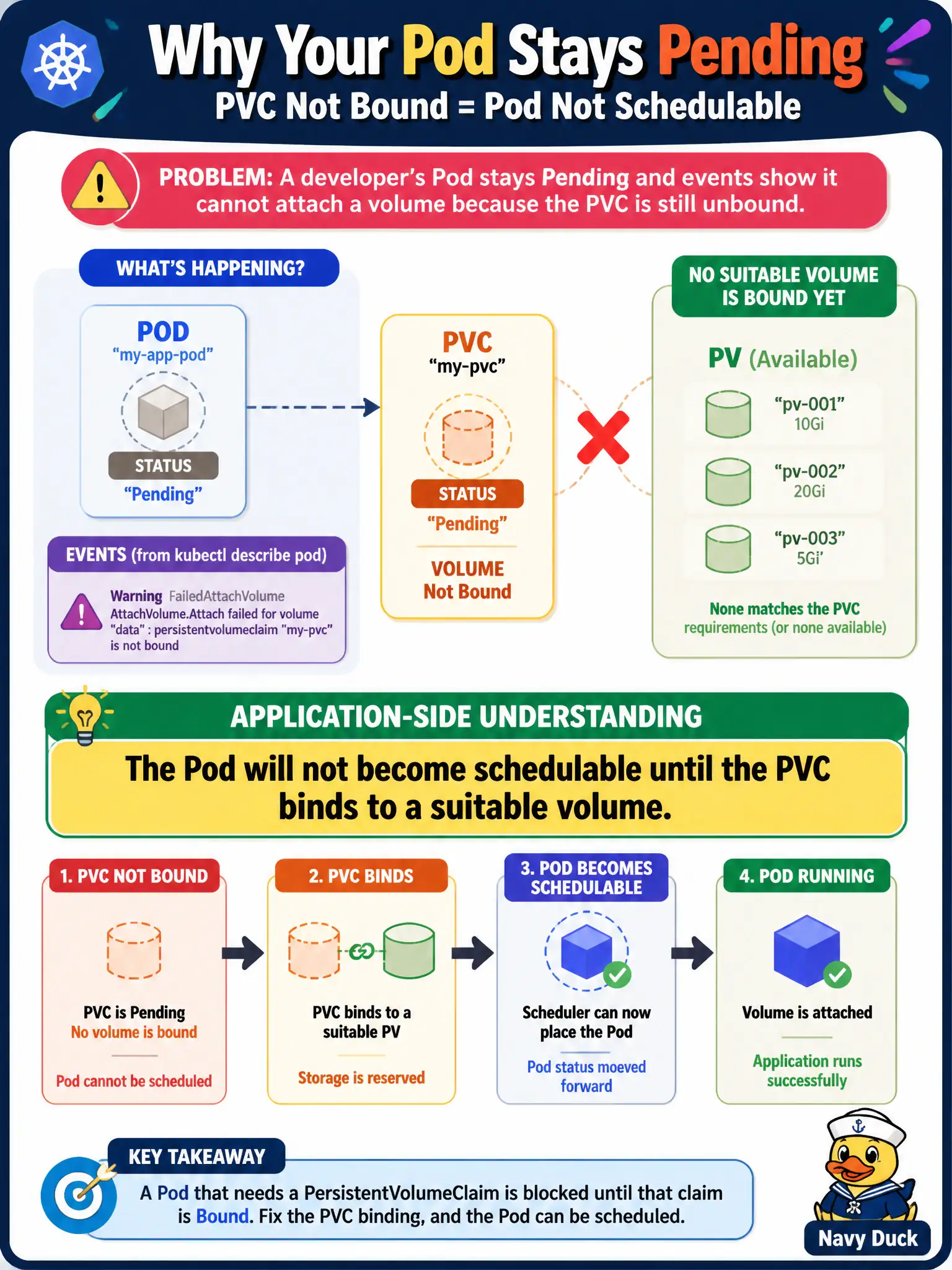 To Create an exciting colorful infographic that explains the concepts in the question: Question: A developer’s Pod stays Pending and events show it cannot attach a volume because the PVC is still unbound. What is the application-side understanding? Correct Answer: The Pod will not become schedulable until the PVC binds to a suitable volume. Put EVERY visible label in double quotes. No people. No A/B/C/D letters. In one of the four corners put a little "Navy Duck".