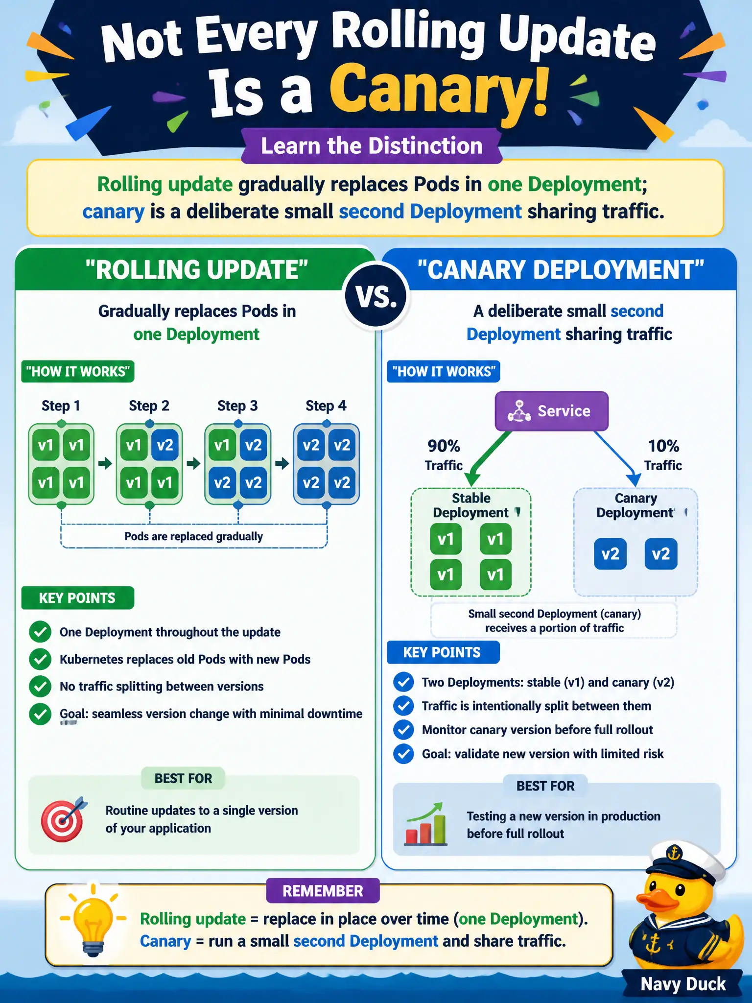 To Create an exciting colorful infographic that explains the concepts in the question: Question: A team calls every Deployment rolling update a “canary.” What distinction should they learn? Correct Answer: Rolling update gradually replaces Pods in one Deployment; canary is a deliberate small second Deployment sharing traffic. Put EVERY visible label in double quotes. No people. No A/B/C/D letters. In one of the four corners put a little "Navy Duck".