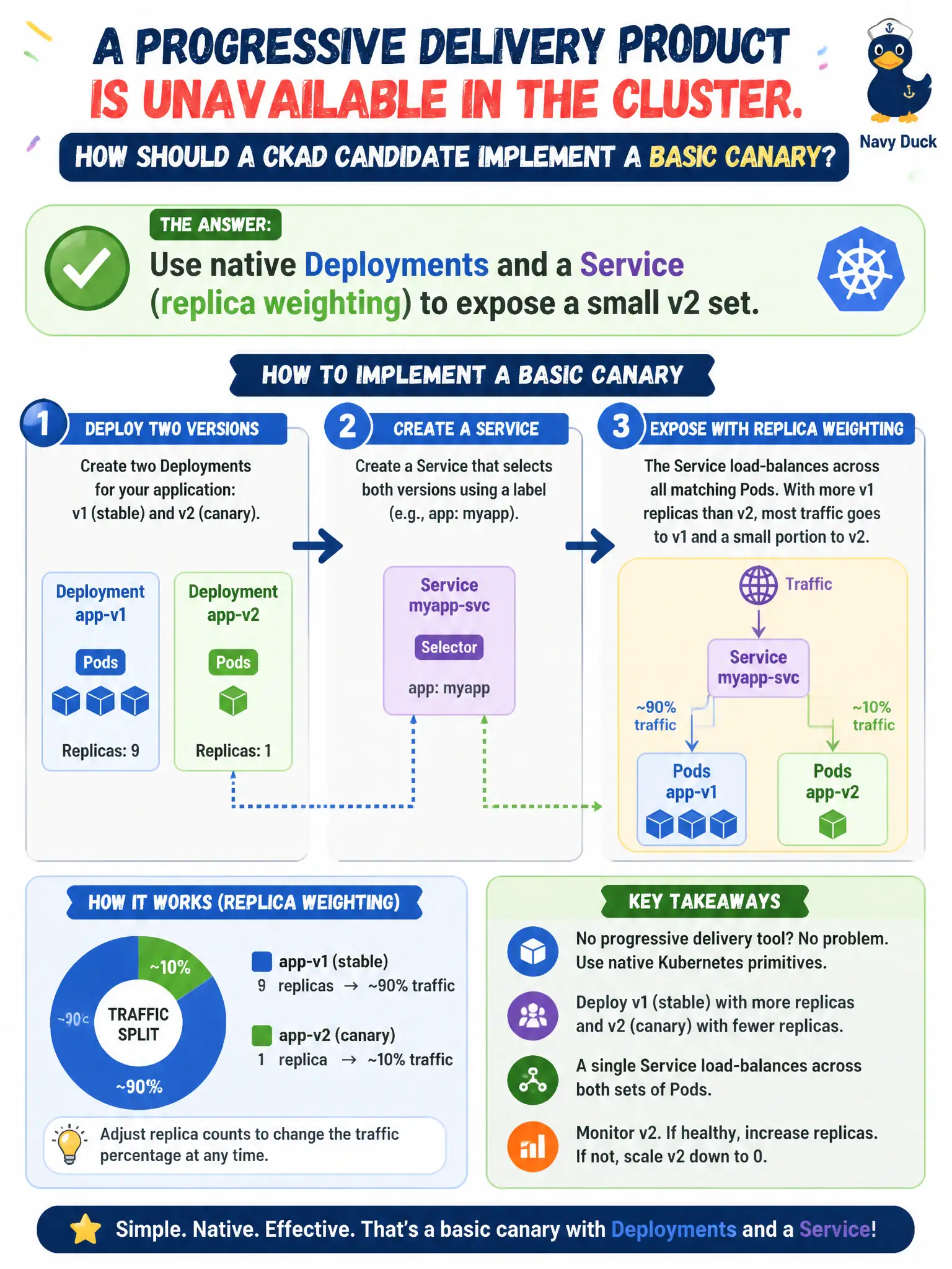 To Create an exciting colorful infographic that explains the concepts in the question: Question: A progressive delivery product is unavailable in the cluster. How should a CKAD candidate implement a basic canary? Correct Answer: Use native Deployments and a Service (replica weighting) to expose a small v2 set. Put EVERY visible label in double quotes. No people. No A/B/C/D letters. In one of the four corners put a little "Navy Duck".