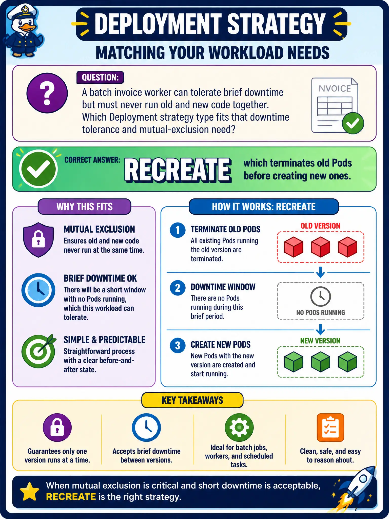 To Create an exciting colorful infographic that explains the concepts in the question: Question: A batch invoice worker can tolerate brief downtime but must never run old and new code together. Which Deployment strategy type fits that downtime tolerance and mutual-exclusion need? Correct Answer: Recreate, which terminates old Pods before creating new ones. Put EVERY visible label in double quotes. No people. No A/B/C/D letters. In one of the four corners put a little "Navy Duck".