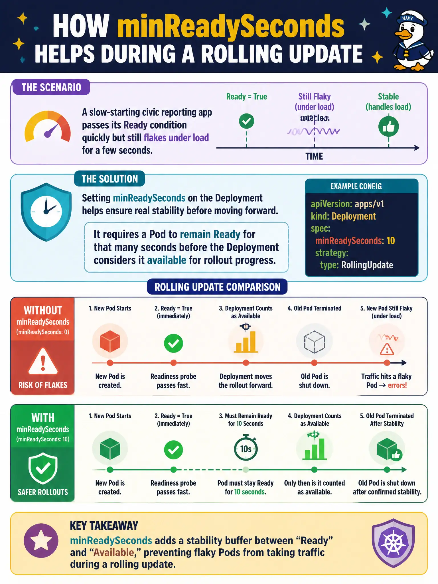 To Create an exciting colorful infographic that explains the concepts in the question: Question: A slow-starting civic reporting app passes its Ready condition quickly but still flakes under load for a few seconds. How does setting minReadySeconds on the Deployment help during a rolling update? Correct Answer: It requires a Pod to remain Ready for that many seconds before the Deployment considers it available for rollout progress. Put EVERY visible label in double quotes. No people. No A/B/C/D letters. In one of the four corners put a little "Navy Duck".