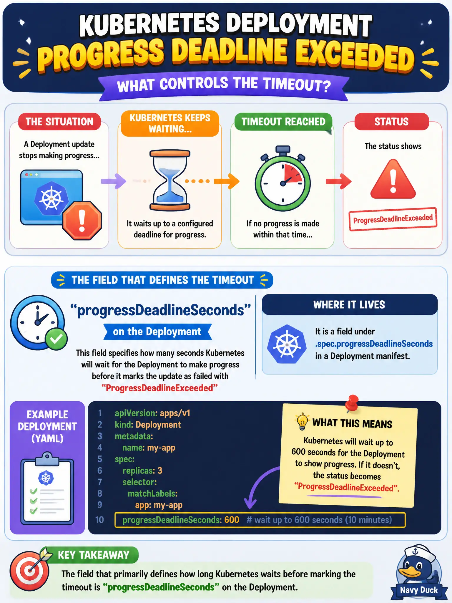 To Create an exciting colorful infographic that explains the concepts in the question: Question: A Deployment update stops making progress and the status later shows ProgressDeadlineExceeded. Which field primarily defines how long Kubernetes waits before marking that timeout? Correct Answer: progressDeadlineSeconds on the Deployment Put EVERY visible label in double quotes. No people. No A/B/C/D letters. In one of the four corners put a little "Navy Duck".