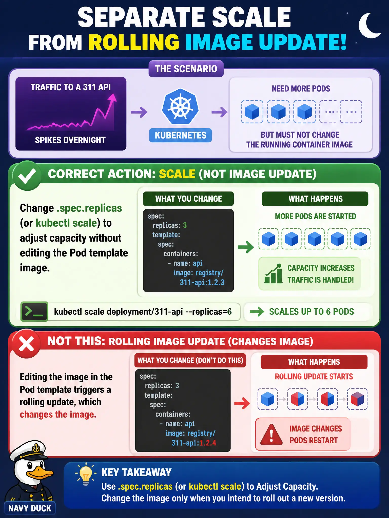 To Create an exciting colorful infographic that explains the concepts in the question: Question: Traffic to a 311 API spikes overnight. The team needs more Pods but must not change the running container image. Which action correctly separates scale from a rolling image update? Correct Answer: Change .spec.replicas (or kubectl scale) to adjust capacity without editing the Pod template image. Put EVERY visible label in double quotes. No people. No A/B/C/D letters. In one of the four corners put a little "Navy Duck".