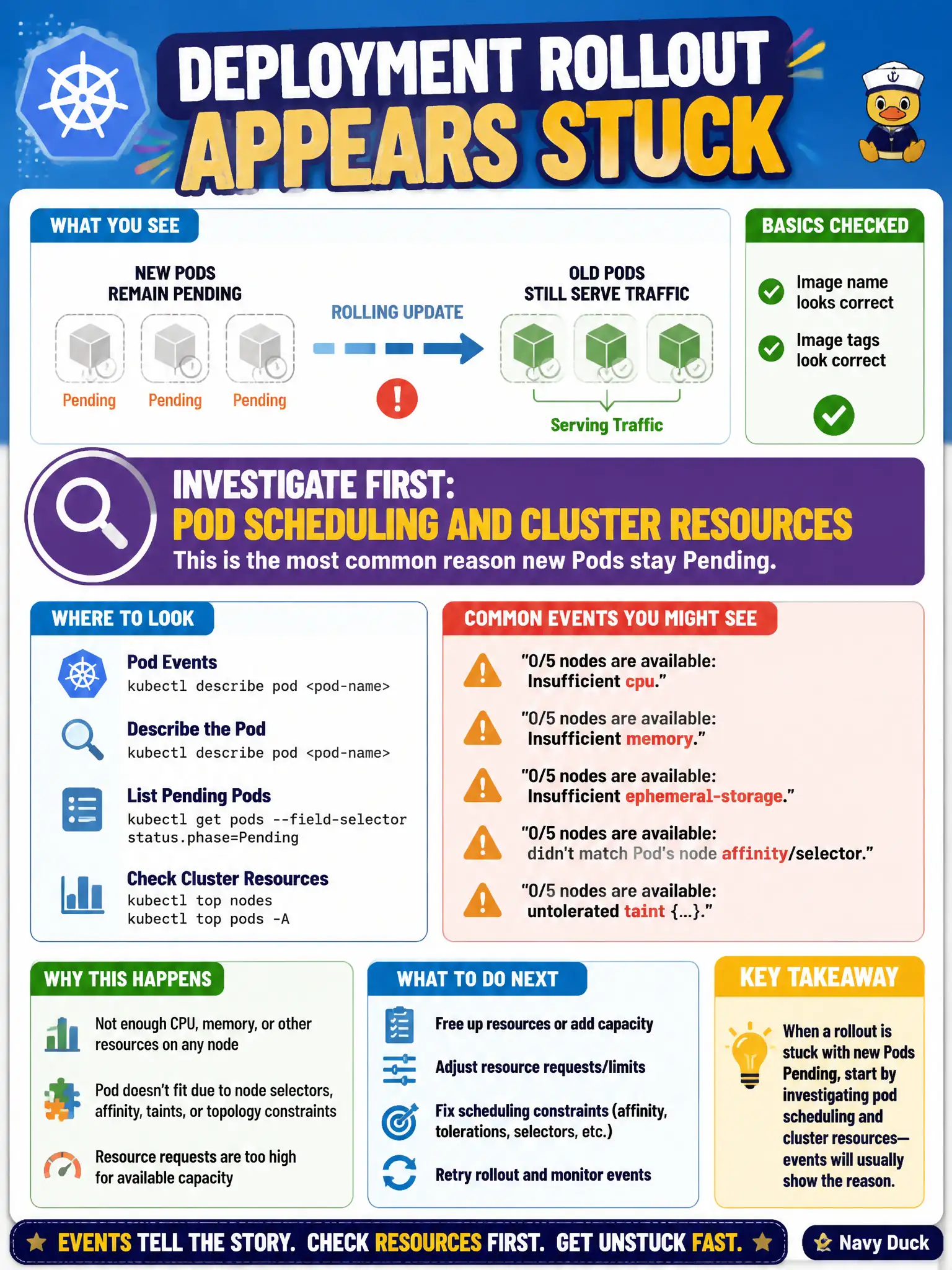 To Create an exciting colorful infographic that explains the concepts in the question: Question: A Deployment rollout appears stuck: new Pods remain Pending while old Pods still serve traffic. Image name and tags look correct. What should the candidate investigate first for this failure mode? Correct Answer: Pod scheduling and cluster resources—events often show Insufficient cpu/memory or other placement failures. Put EVERY visible label in double quotes. No people. No A/B/C/D letters. In one of the four corners put a little "Navy Duck".