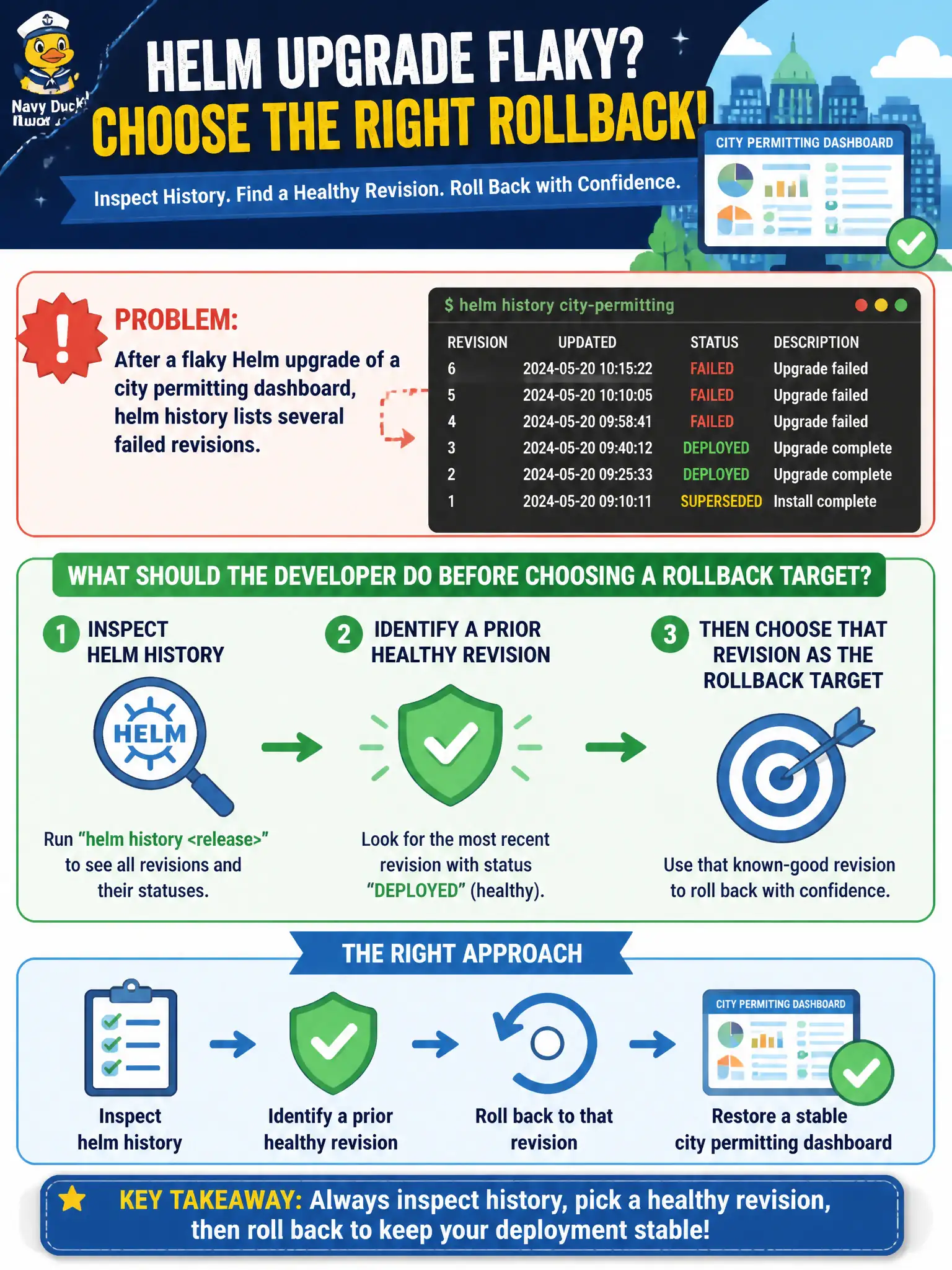 To Create an exciting colorful infographic that explains the concepts in the question: Question: After a flaky Helm upgrade of a city permitting dashboard, helm history lists several failed revisions. What should the developer do before choosing a rollback target? Correct Answer: Inspect helm history to identify a prior healthy revision, then roll back to that revision. Put EVERY visible label in double quotes. No people. No A/B/C/D letters. In one of the four corners put a little "Navy Duck".