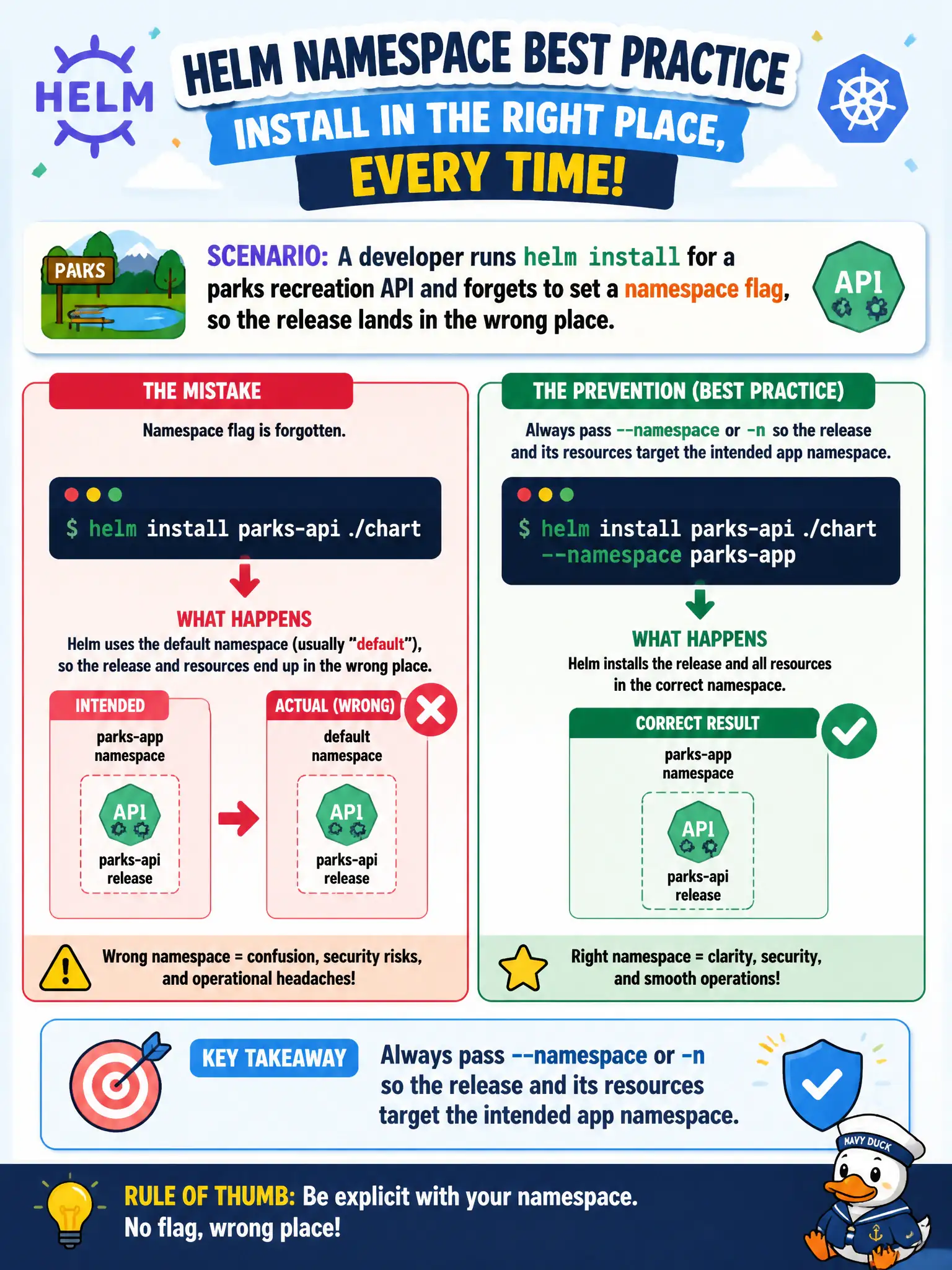 To Create an exciting colorful infographic that explains the concepts in the question: Question: A developer runs helm install for a parks recreation API and forgets to set a namespace flag, so the release lands in the wrong place. Which practice prevents that mistake? Correct Answer: Always pass --namespace or -n so the release and its resources target the intended app namespace. Put EVERY visible label in double quotes. No people. No A/B/C/D letters. In one of the four corners put a little "Navy Duck".