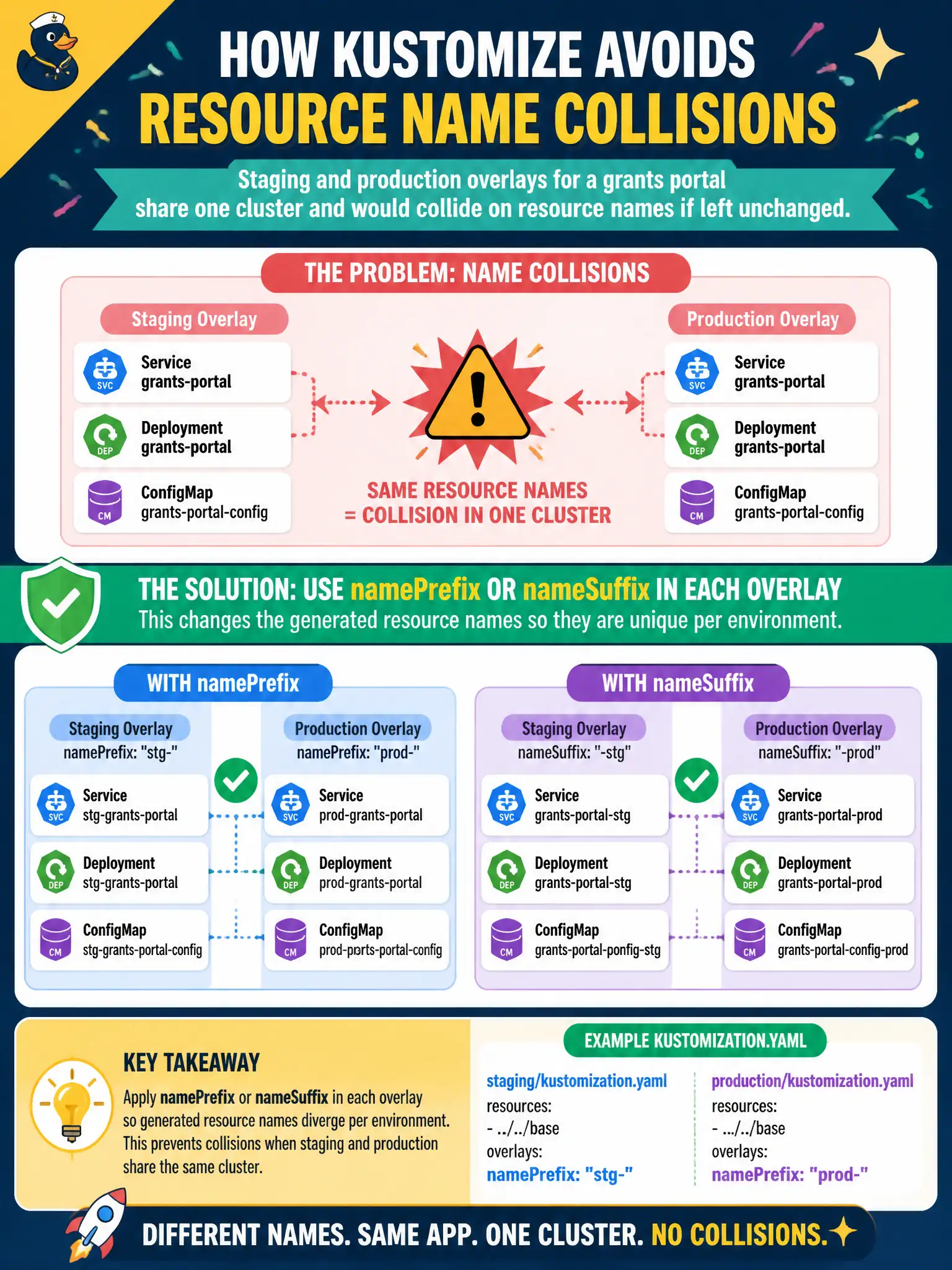 To Create an exciting colorful infographic that explains the concepts in the question: Question: Staging and production overlays for a grants portal share one cluster and would collide on resource names if left unchanged. How does Kustomize typically avoid that collision? Correct Answer: Apply namePrefix or nameSuffix in each overlay so generated resource names diverge per environment. Put EVERY visible label in double quotes. No people. No A/B/C/D letters. In one of the four corners put a little "Navy Duck".