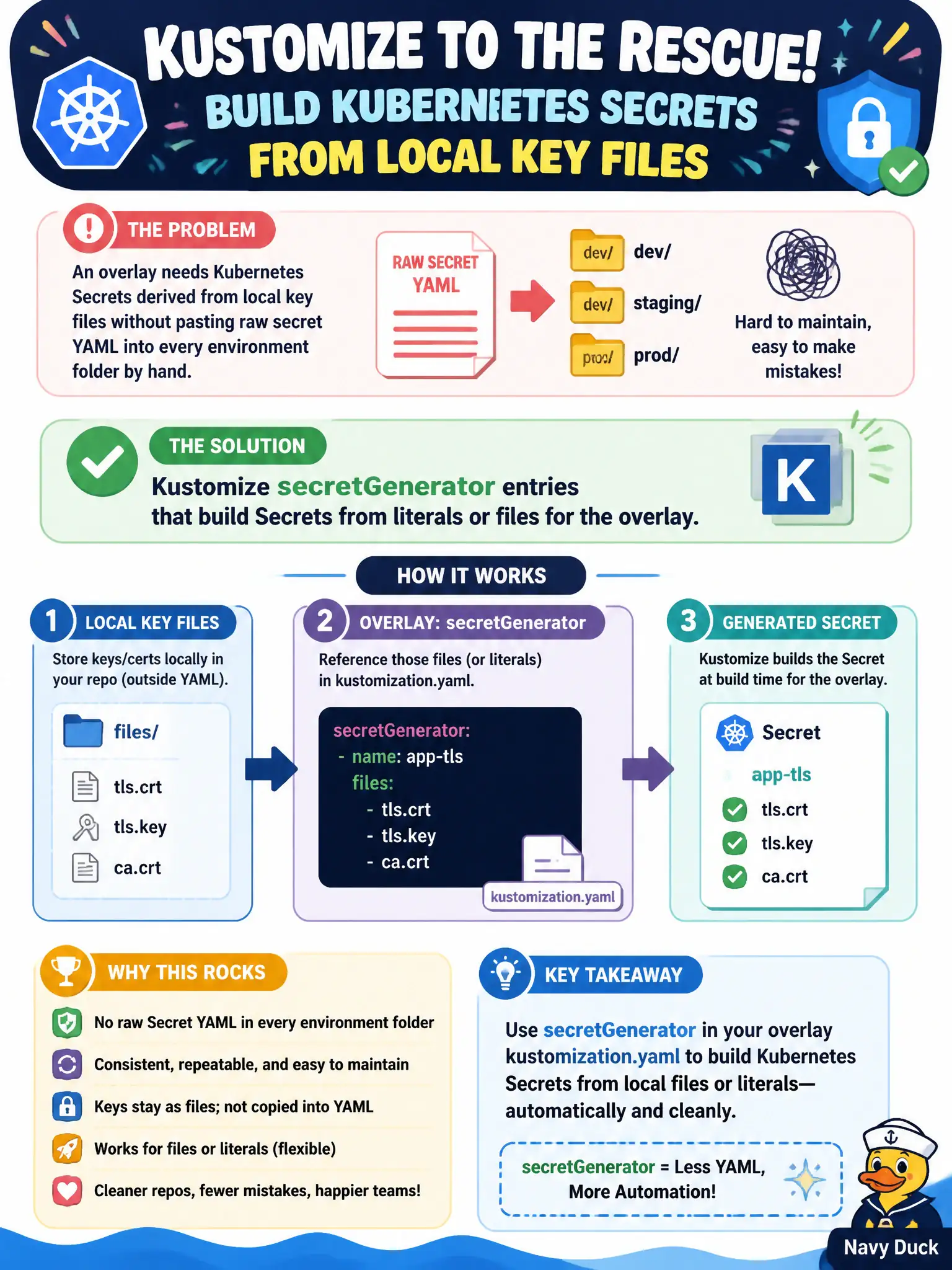 To Create an exciting colorful infographic that explains the concepts in the question: Question: An overlay needs Kubernetes Secrets derived from local key files without pasting raw secret YAML into every environment folder by hand. Which Kustomize feature addresses that pattern? Correct Answer: secretGenerator entries that build Secrets from literals or files for the overlay. Put EVERY visible label in double quotes. No people. No A/B/C/D letters. In one of the four corners put a little "Navy Duck".