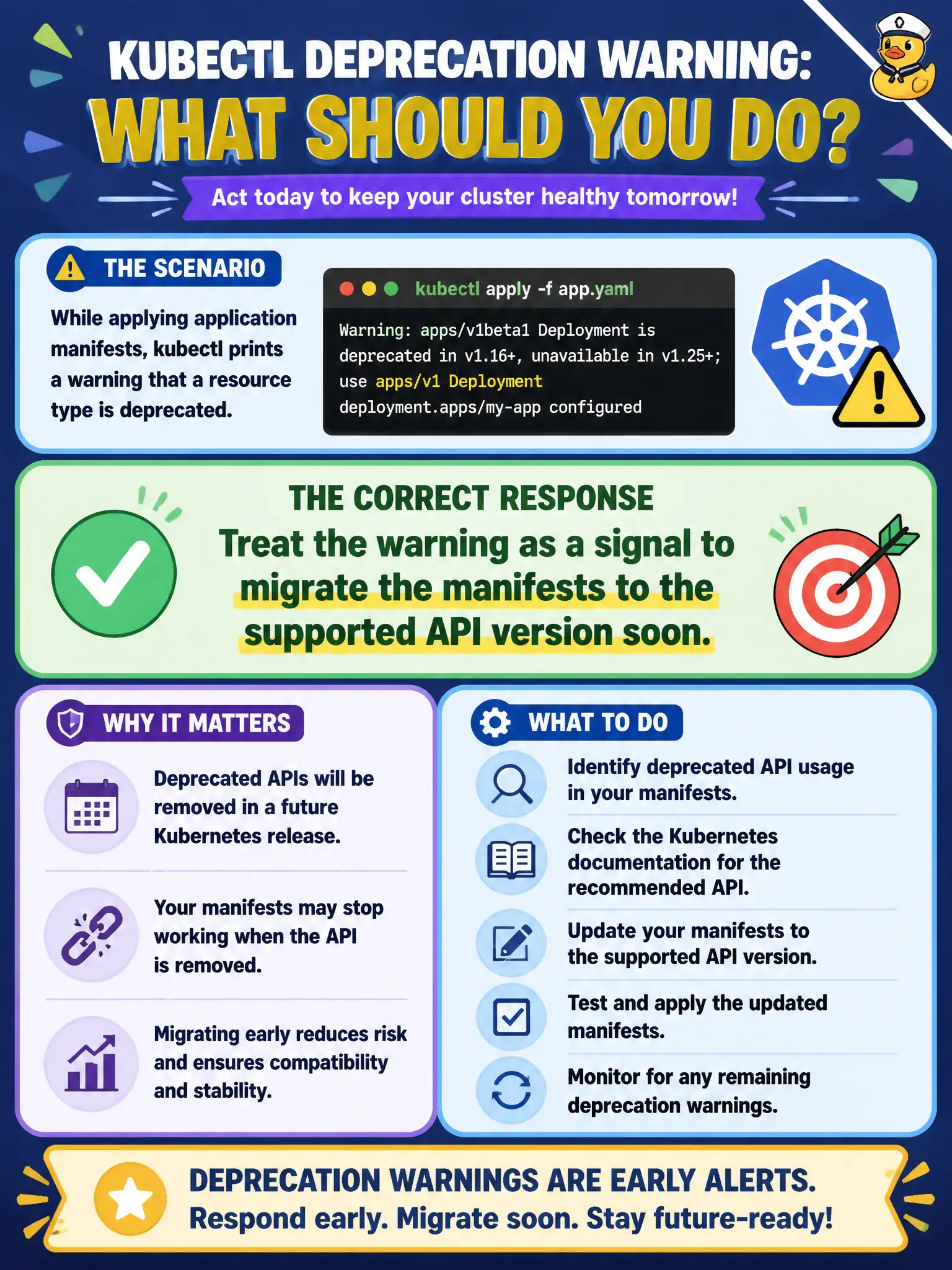 To Create an exciting colorful infographic that explains the concepts in the question: Question: While applying application manifests, kubectl prints a warning that a resource type is deprecated. What is the correct response before the API is removed? Correct Answer: Treat the warning as a signal to migrate the manifests to the supported API version soon. Put EVERY visible label in double quotes. No people. No A/B/C/D letters. In one of the four corners put a little "Navy Duck".