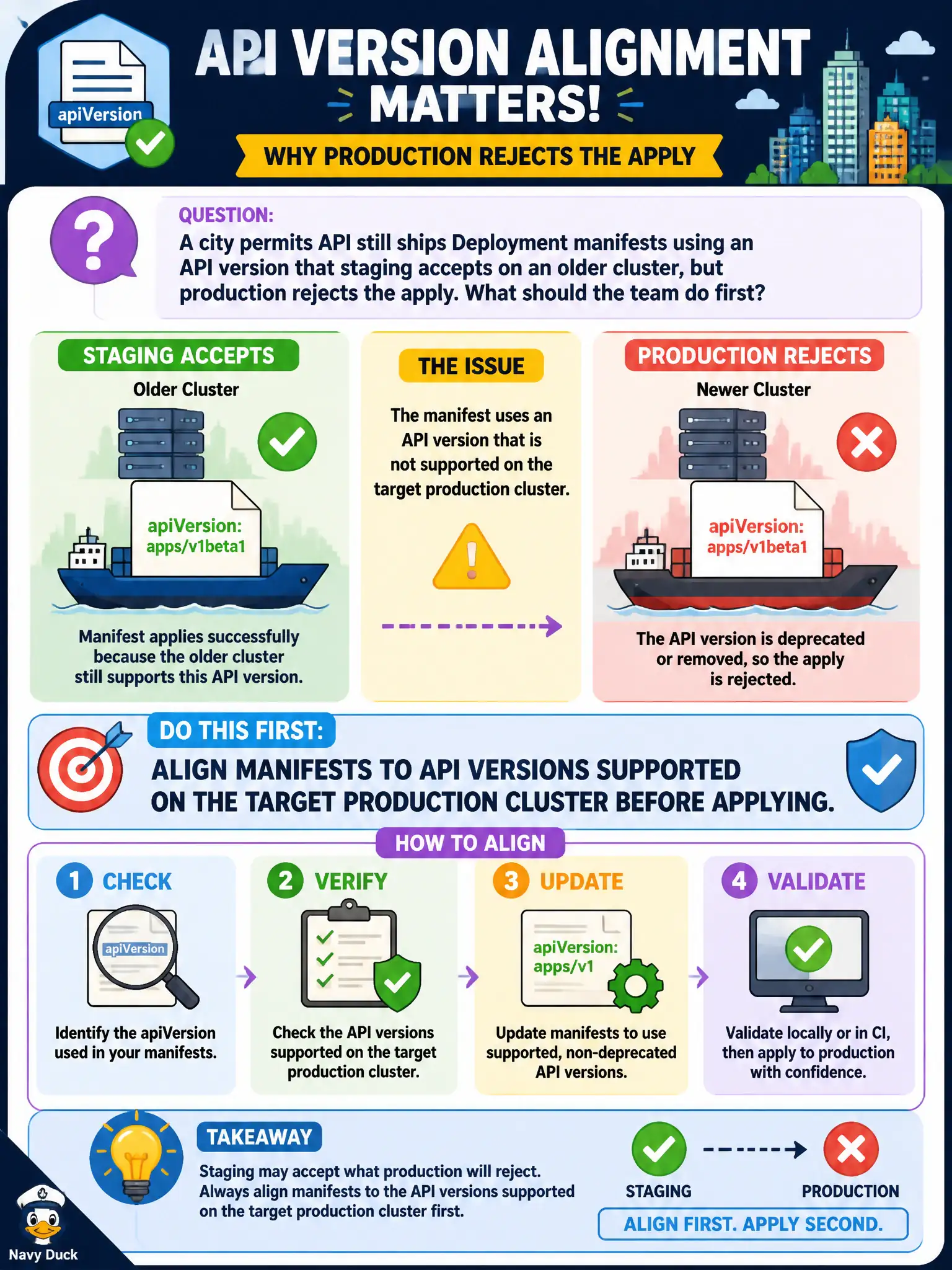 To Create an exciting colorful infographic that explains the concepts in the question: Question: A city permits API still ships Deployment manifests using an API version that staging accepts on an older cluster, but production rejects the apply. What should the team do first? Correct Answer: Align manifests to API versions supported on the target production cluster before applying. Put EVERY visible label in double quotes. No people. No A/B/C/D letters. In one of the four corners put a little "Navy Duck".