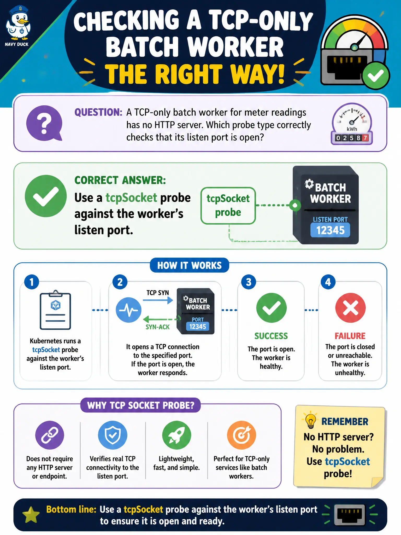 To Create an exciting colorful infographic that explains the concepts in the question: Question: A TCP-only batch worker for meter readings has no HTTP server. Which probe type correctly checks that its listen port is open? Correct Answer: Use a tcpSocket probe against the worker’s listen port. Put EVERY visible label in double quotes. No people. No A/B/C/D letters. In one of the four corners put a little "Navy Duck".