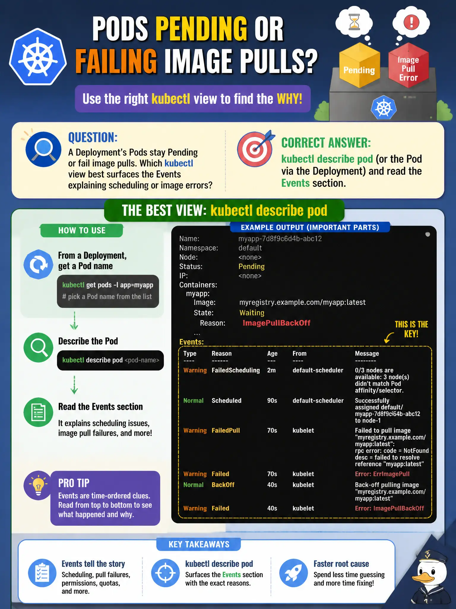 To Create an exciting colorful infographic that explains the concepts in the question: Question: A Deployment’s Pods stay Pending or fail image pulls. Which kubectl view best surfaces the Events explaining scheduling or image errors? Correct Answer: kubectl describe pod (or the Pod via the Deployment) and read the Events section. Put EVERY visible label in double quotes. No people. No A/B/C/D letters. In one of the four corners put a little "Navy Duck".