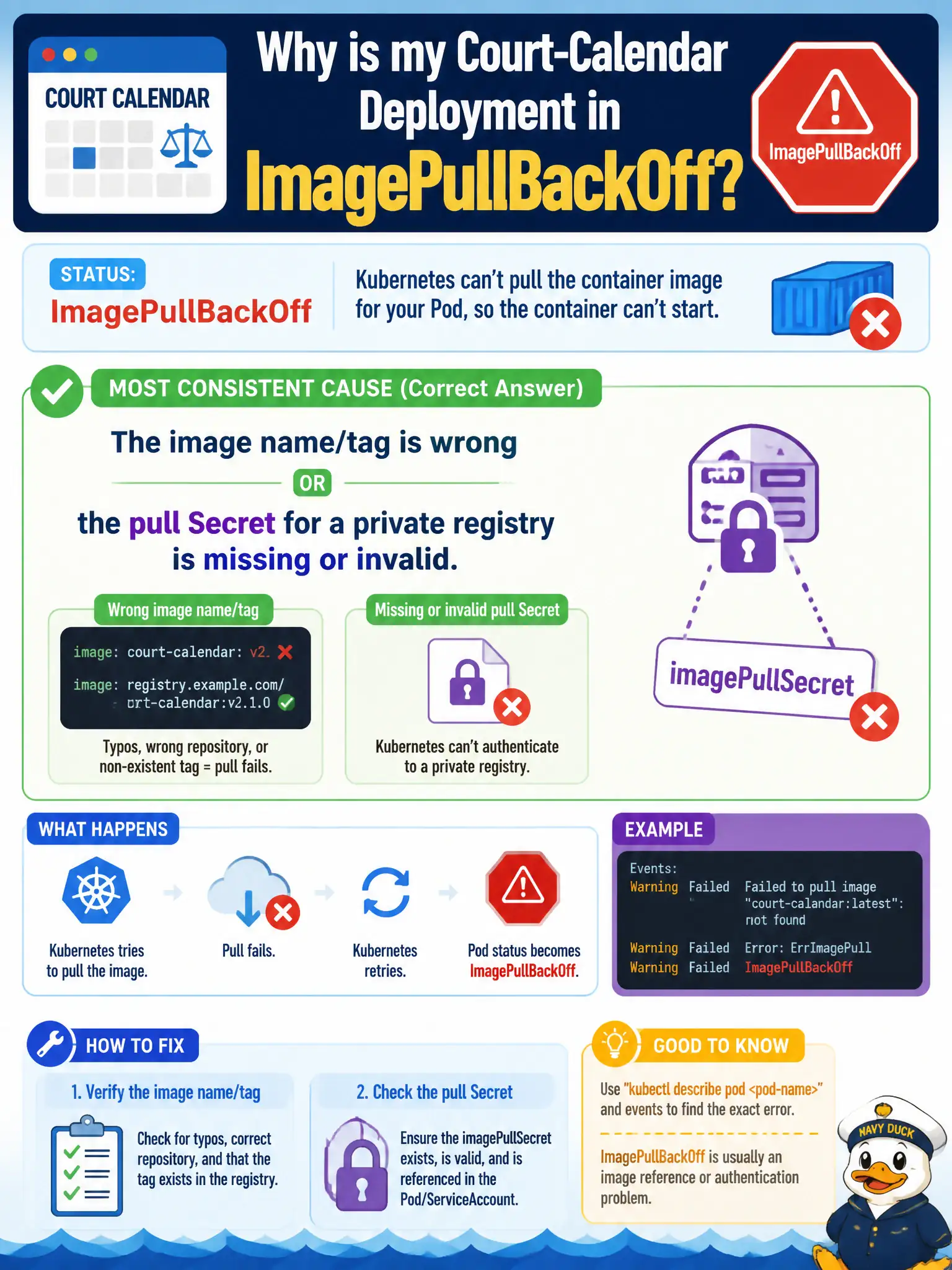 To Create an exciting colorful infographic that explains the concepts in the question: Question: A new Deployment for a court-calendar UI stays in ImagePullBackOff. Which cause is most consistent with that status? Correct Answer: The image name/tag is wrong or the pull Secret for a private registry is missing or invalid. Put EVERY visible label in double quotes. No people. No A/B/C/D letters. In one of the four corners put a little "Navy Duck".
