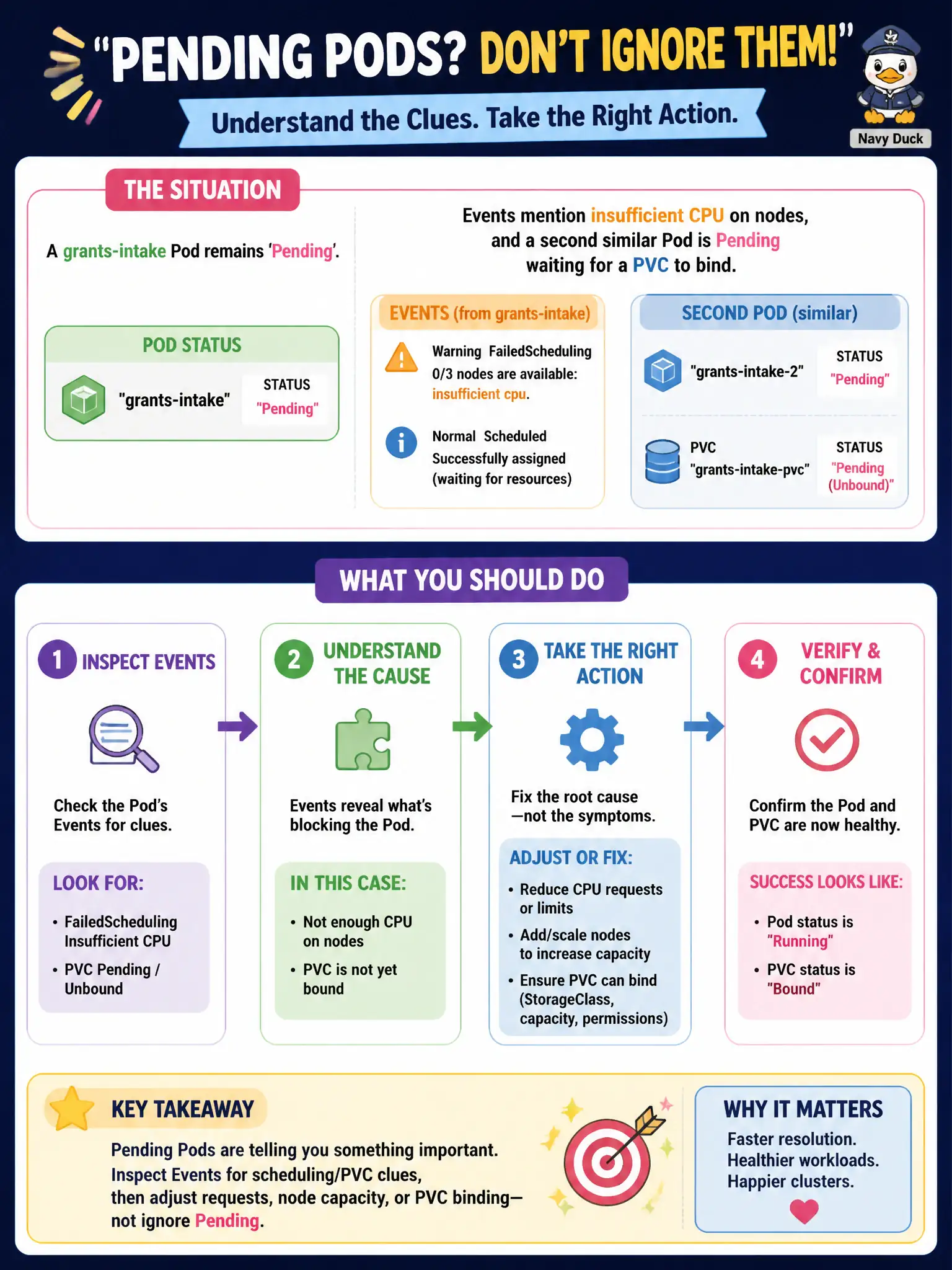 To Create an exciting colorful infographic that explains the concepts in the question: Question: A grants-intake Pod remains Pending. Events mention insufficient CPU on nodes, and a second similar Pod is Pending waiting for a PVC to bind. What should the developer do? Correct Answer: Inspect Events for scheduling/PVC clues, then adjust requests, node capacity, or PVC binding—not ignore Pending. Put EVERY visible label in double quotes. No people. No A/B/C/D letters. In one of the four corners put a little "Navy Duck".