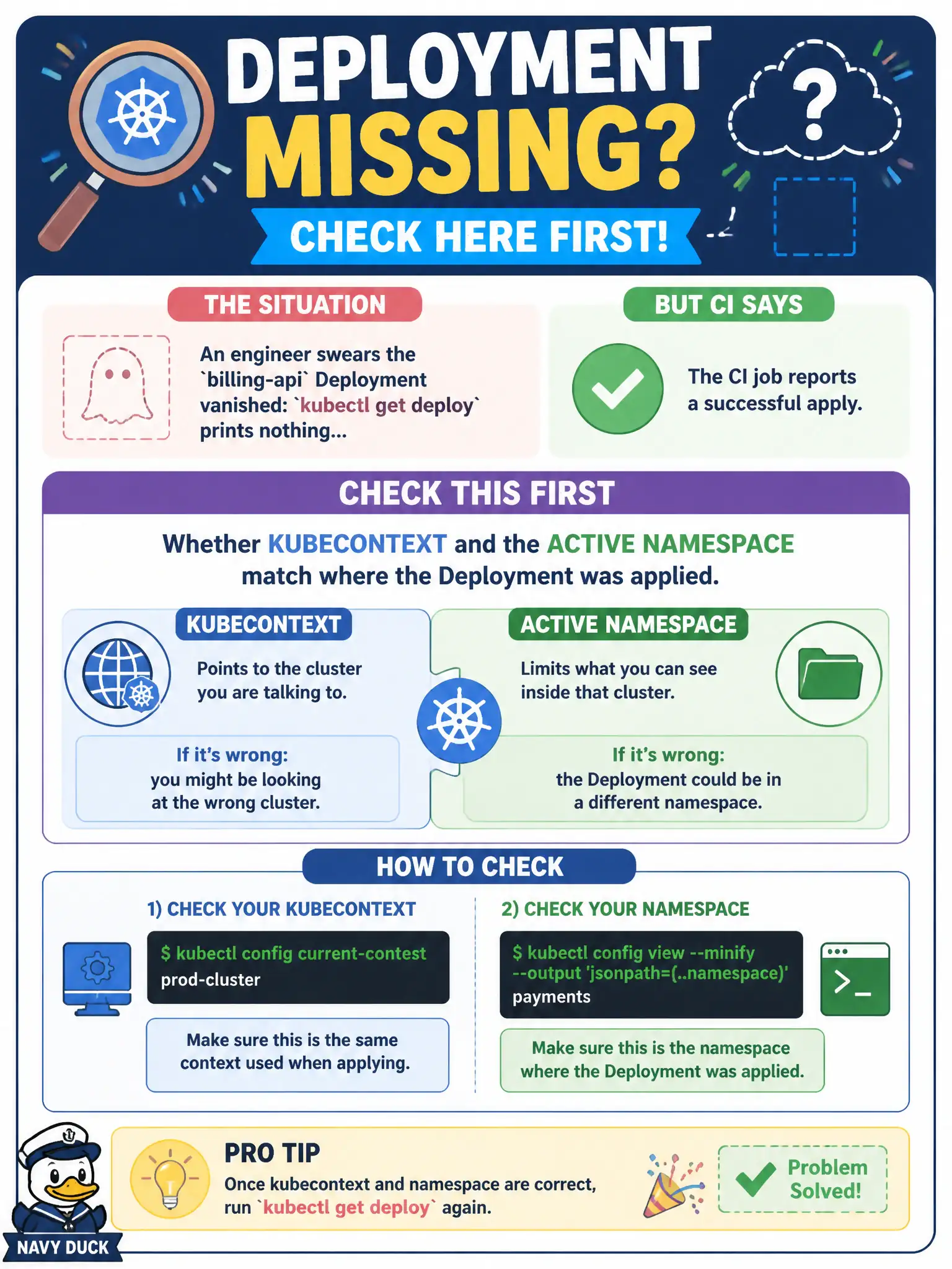 To Create an exciting colorful infographic that explains the concepts in the question: Question: An engineer swears the billing-api Deployment vanished: kubectl get deploy prints nothing, yet the CI job reports a successful apply. What should they check first? Correct Answer: Whether kubecontext and the active namespace match where the Deployment was applied. Put EVERY visible label in double quotes. No people. No A/B/C/D letters. In one of the four corners put a little "Navy Duck".