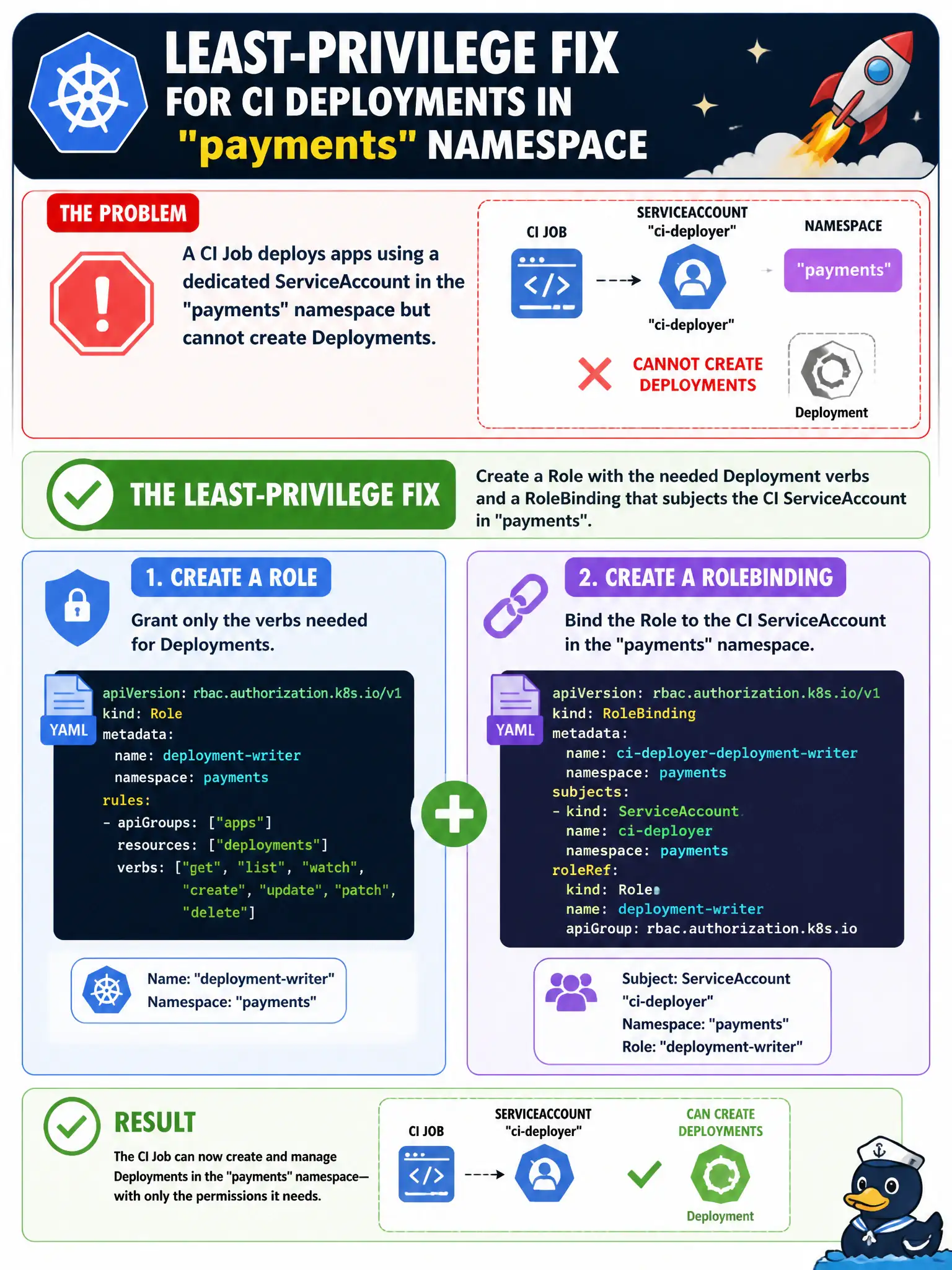 To Create an exciting colorful infographic that explains the concepts in the question: Question: A CI Job deploys apps using a dedicated ServiceAccount in the payments namespace but cannot create Deployments. What binding pattern grants the least-privilege fix? Correct Answer: Create a Role with the needed Deployment verbs and a RoleBinding that subjects the CI ServiceAccount in payments. Put EVERY visible label in double quotes. No people. No A/B/C/D letters. In one of the four corners put a little "Navy Duck".
