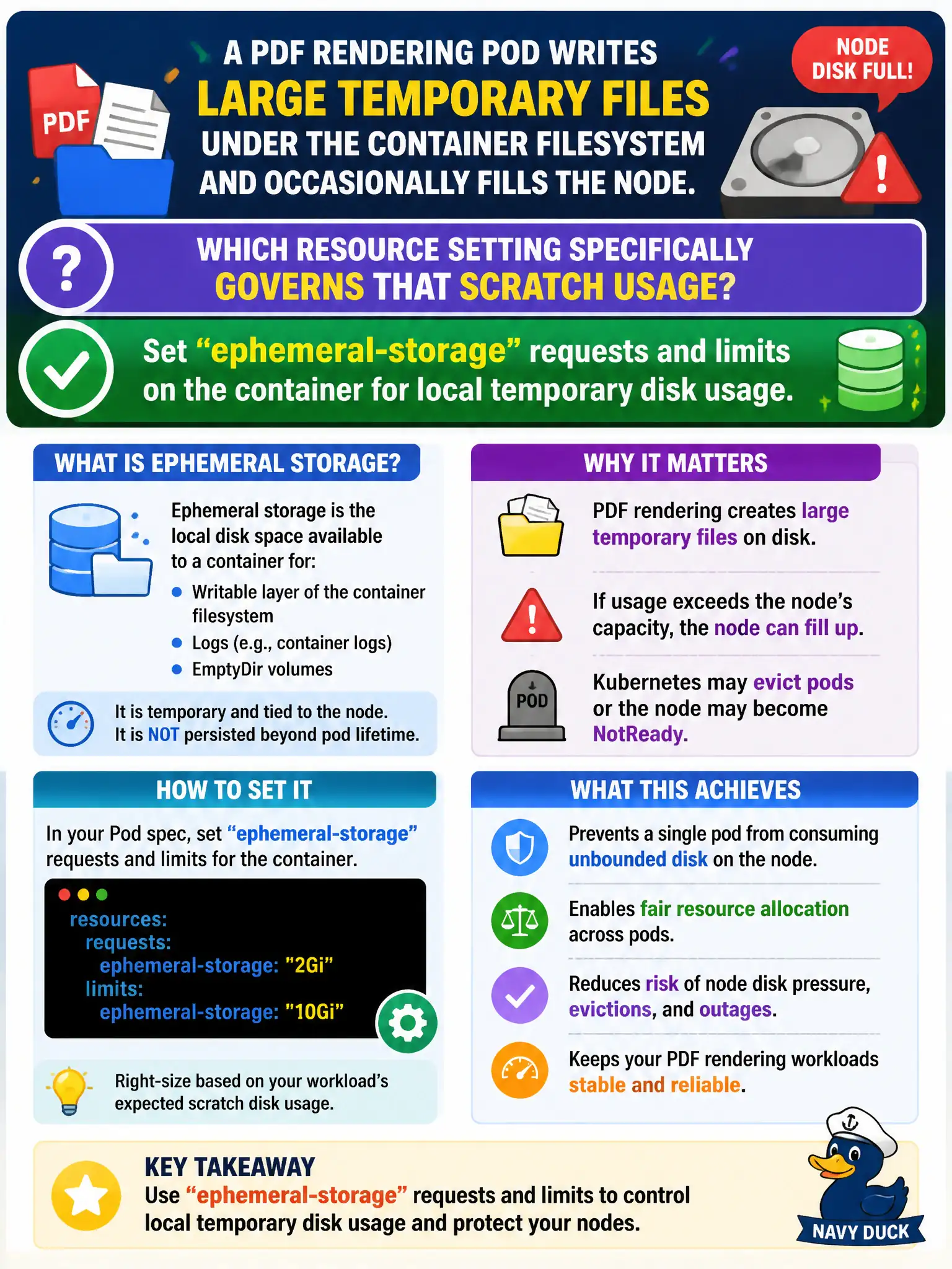 To Create an exciting colorful infographic that explains the concepts in the question: Question: A PDF rendering Pod writes large temporary files under the container filesystem and occasionally fills the node. Which resource setting specifically governs that scratch usage? Correct Answer: Set ephemeral-storage requests and limits on the container for local temporary disk usage. Put EVERY visible label in double quotes. No people. No A/B/C/D letters. In one of the four corners put a little "Navy Duck".