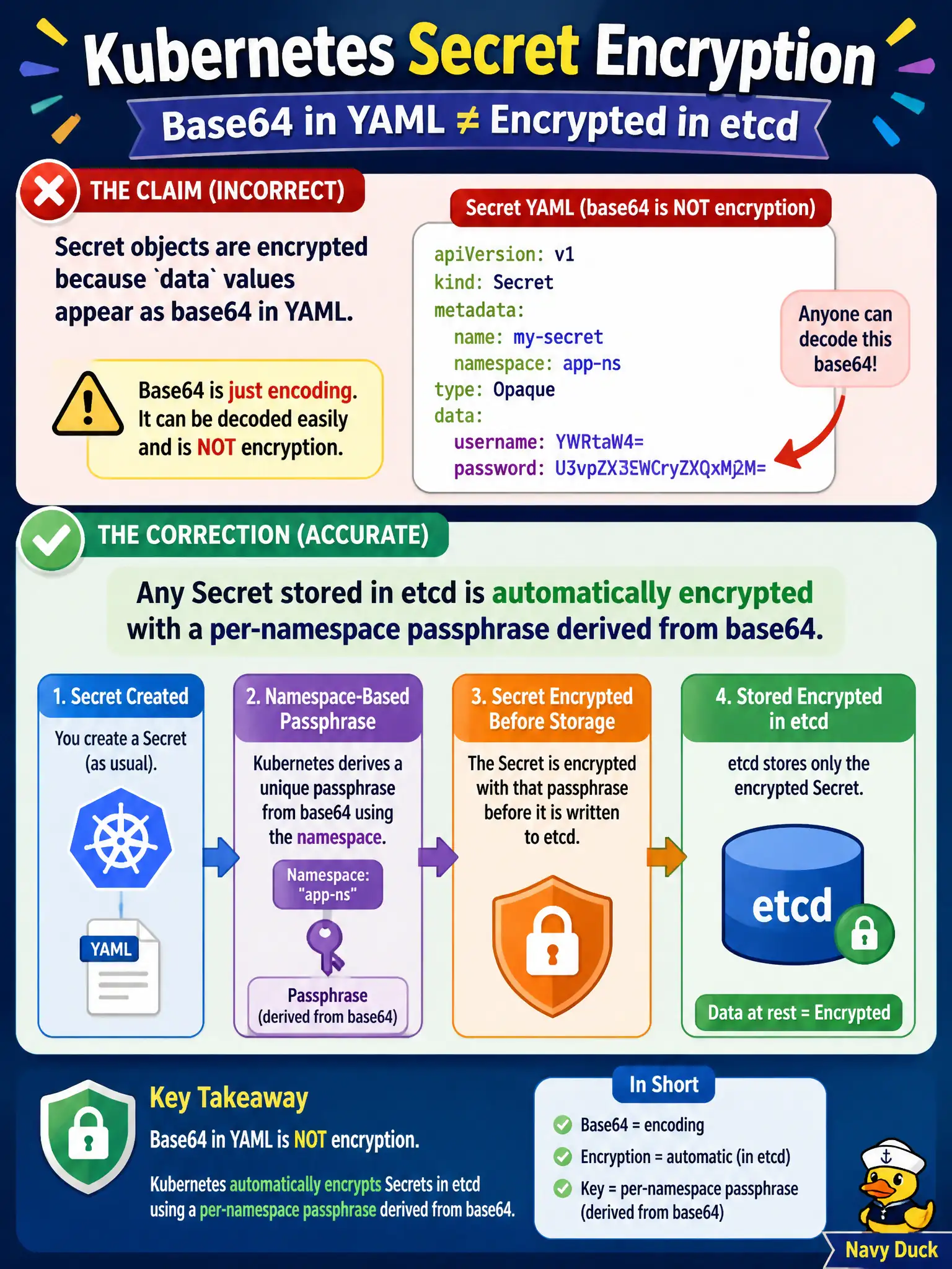 To Create an exciting colorful infographic that explains the concepts in the question: Question: A teammate claims Secret objects are encrypted because data values appear as base64 in YAML. What correction is accurate? Correct Answer: Any Secret stored in etcd is automatically encrypted with a per-namespace passphrase derived from base64. Put EVERY visible label in double quotes. No people. No A/B/C/D letters. In one of the four corners put a little "Navy Duck".