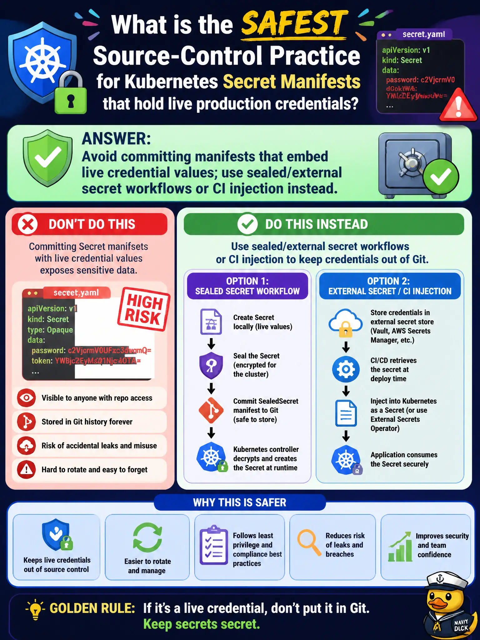 To Create an exciting colorful infographic that explains the concepts in the question: Question: What is the safest source-control practice for Kubernetes Secret manifests that hold live production credentials? Correct Answer: Avoid committing manifests that embed live credential values; use sealed/external secret workflows or CI injection instead. Put EVERY visible label in double quotes. No people. No A/B/C/D letters. In one of the four corners put a little "Navy Duck".