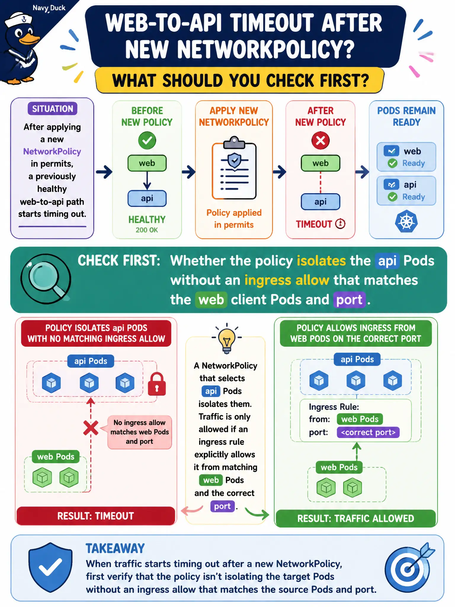 To Create an exciting colorful infographic that explains the concepts in the question: Question: After applying a new NetworkPolicy in permits, a previously healthy web-to-api path starts timing out. Pods remain Ready. What should you check first? Correct Answer: Whether the policy isolates the api Pods without an ingress allow that matches the web client Pods and port. Put EVERY visible label in double quotes. No people. No A/B/C/D letters. In one of the four corners put a little "Navy Duck".