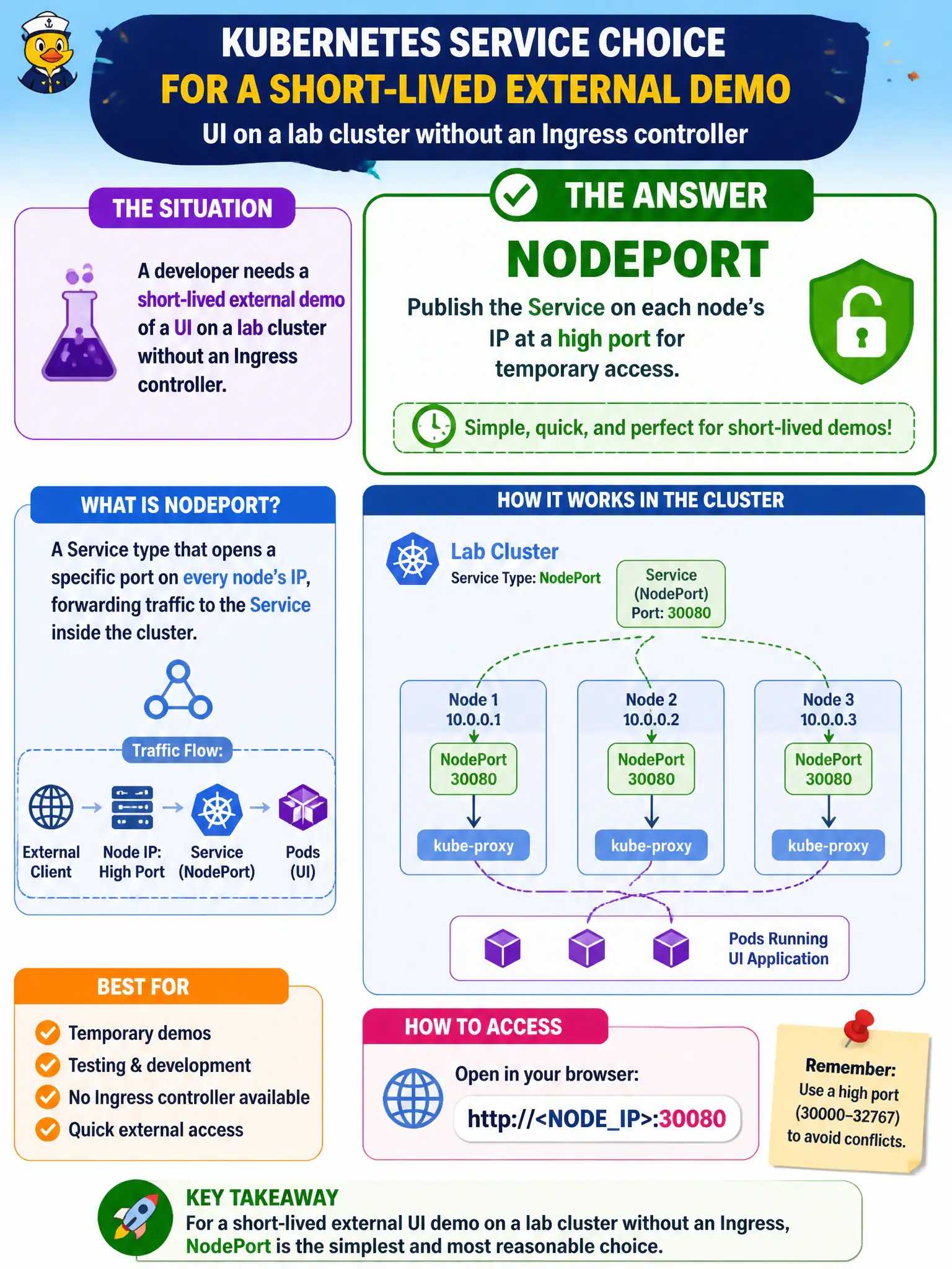 To Create an exciting colorful infographic that explains the concepts in the question: Question: A developer needs a short-lived external demo of a UI on a lab cluster without an Ingress controller. Which Service choice is reasonable for that temporary access? Correct Answer: NodePort to publish the Service on each node’s IP at a high port for temporary access. Put EVERY visible label in double quotes. No people. No A/B/C/D letters. In one of the four corners put a little "Navy Duck".