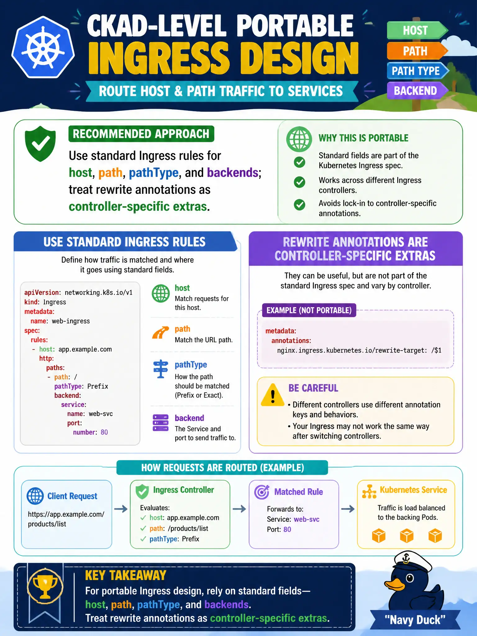 To Create an exciting colorful infographic that explains the concepts in the question: Question: For CKAD-level portable Ingress design, which approach should the developer prefer when routing host and path traffic to Services? Correct Answer: Use standard Ingress rules for host, path, pathType, and backends; treat rewrite annotations as controller-specific extras. Put EVERY visible label in double quotes. No people. No A/B/C/D letters. In one of the four corners put a little "Navy Duck".