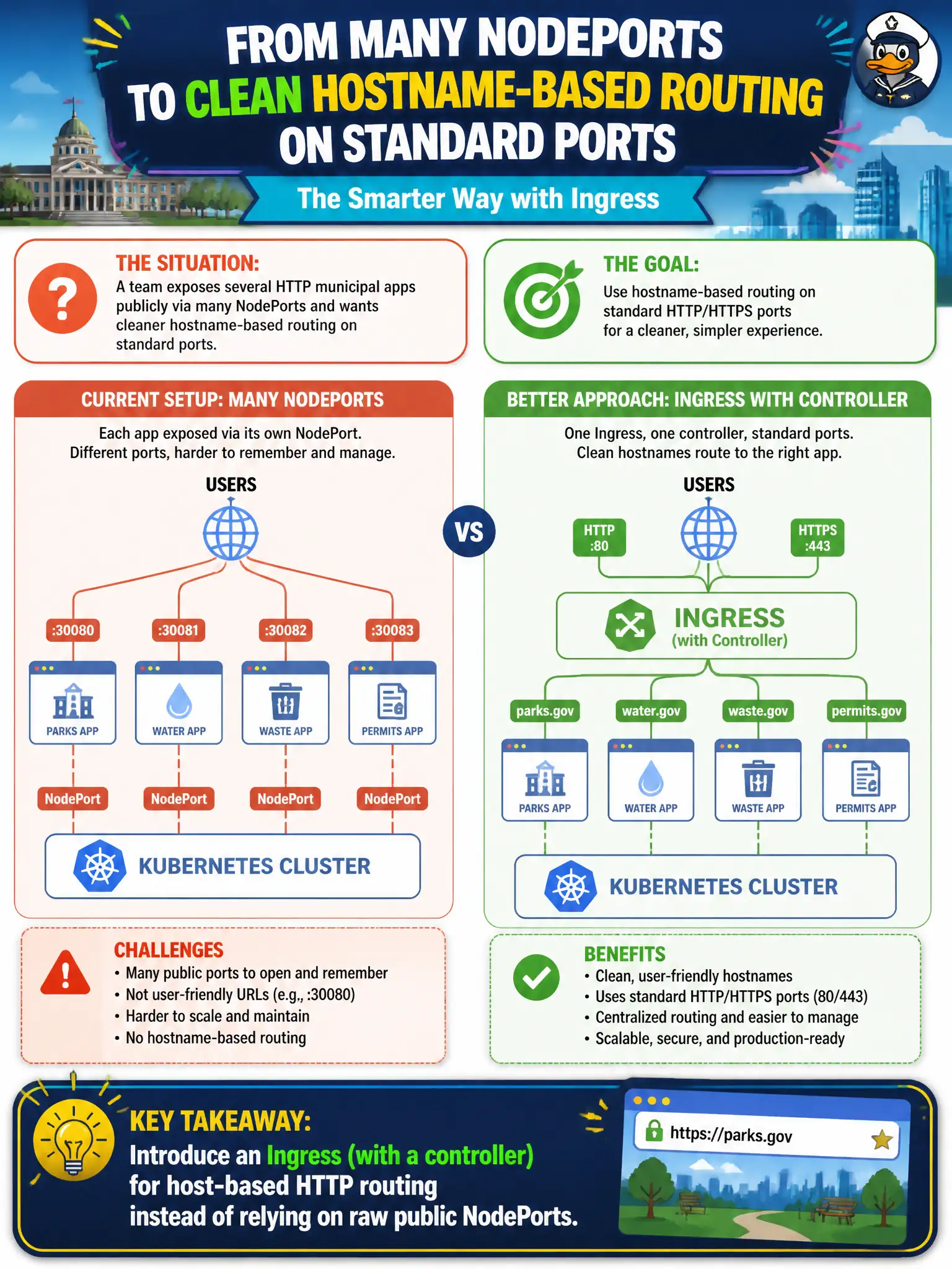 To Create an exciting colorful infographic that explains the concepts in the question: Question: A team exposes several HTTP municipal apps publicly via many NodePorts and wants cleaner hostname-based routing on standard ports. Which change best matches that goal? Correct Answer: Introduce an Ingress (with a controller) for host-based HTTP routing instead of relying on raw public NodePorts. Put EVERY visible label in double quotes. No people. No A/B/C/D letters. In one of the four corners put a little "Navy Duck".
