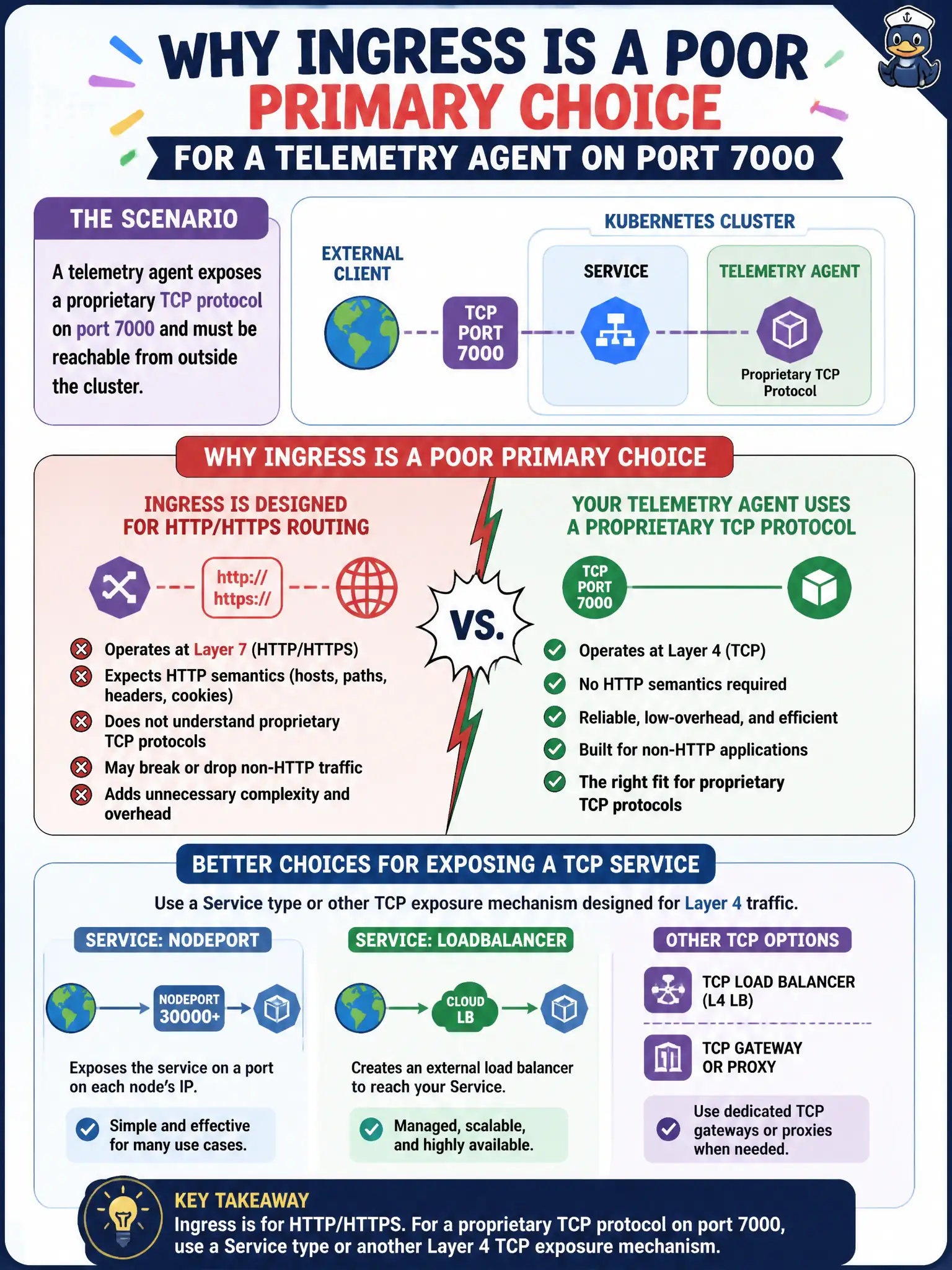 To Create an exciting colorful infographic that explains the concepts in the question: Question: A telemetry agent exposes a proprietary TCP protocol on port 7000 and must be reachable from outside the cluster. Why is a standard Ingress rule a poor primary choice? Correct Answer: Ingress is designed for HTTP/HTTPS routing; non-HTTP TCP apps usually need an appropriate Service type or other TCP exposure mechanism. Put EVERY visible label in double quotes. No people. No A/B/C/D letters. In one of the four corners put a little "Navy Duck".