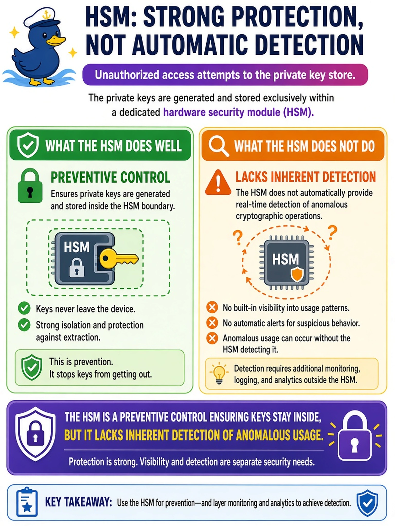 To Create an exciting colorful infographic that explains the concepts in the question: Question: Your SOC receives an alert regarding unauthorized access attempts to the private key store supporting the organization's internal Certificate Authority. The security architect confirms that the private keys are generated and stored exclusively within a dedicated hardware security module (HSM), with no keys ever leaving the device's boundary. An analyst argues that because the keys are hardware-protected, the HSM itself provides real-time detection of anomalous cryptographic operations. Which statement correctly evaluates the HSM's role in this scenario? Correct Answer: The HSM is a preventive control ensuring keys stay inside, but it lacks inherent detection of anomalous usage. Put EVERY visible label in double quotes. No people. No A/B/C/D letters. In one of the four corners put a little "Navy Duck".
