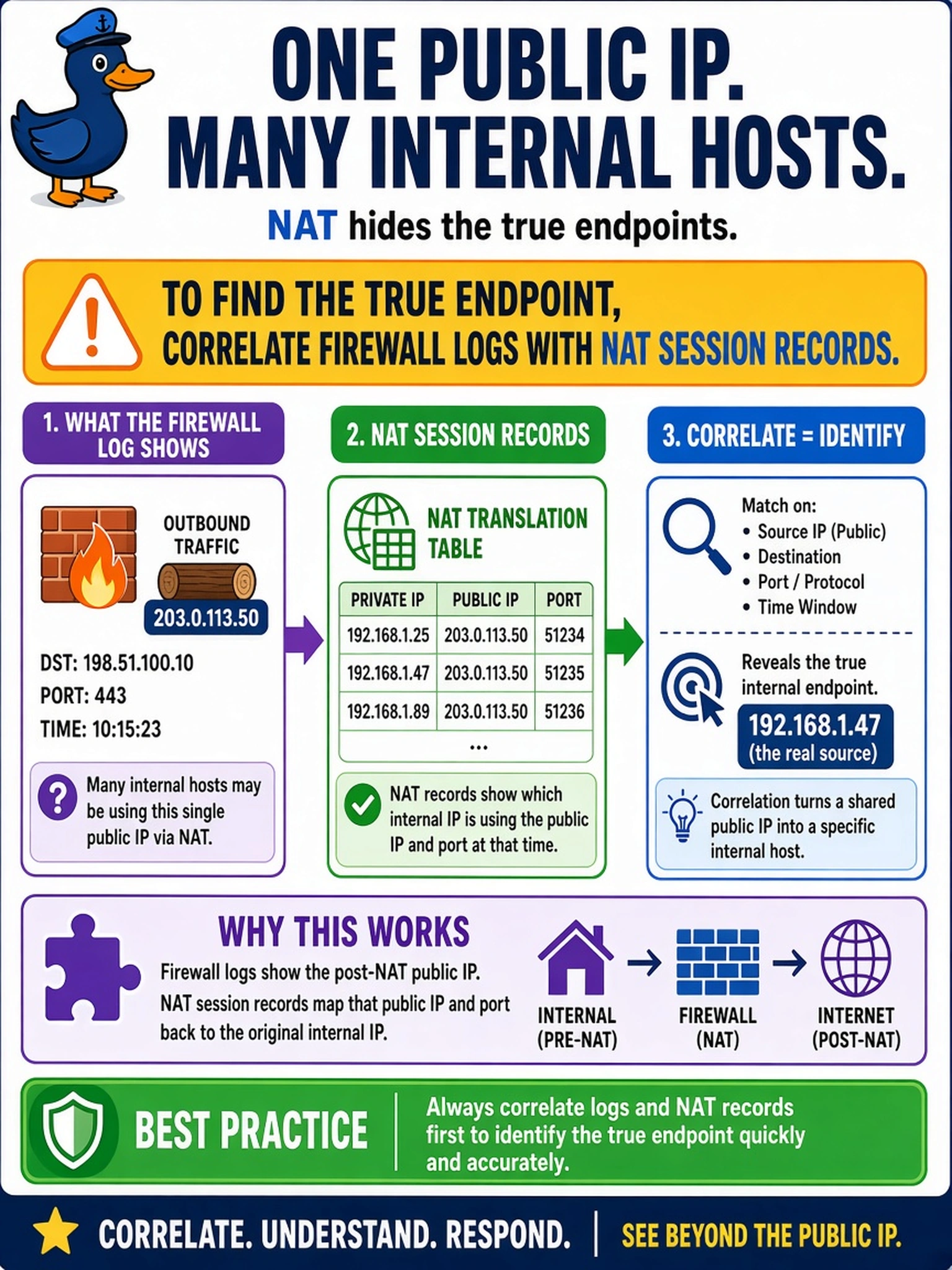 To Create an exciting colorful infographic that explains the concepts in the question: Question: A firewall log shows suspicious outbound traffic from a single public IP, but the SOC knows many internal hosts use NAT. What should the analyst do first to identify the true endpoint? Correct Answer: Correlate firewall logs with NAT session records. Put EVERY visible label in double quotes. No people. No A/B/C/D letters. In one of the four corners put a little "Navy Duck".
