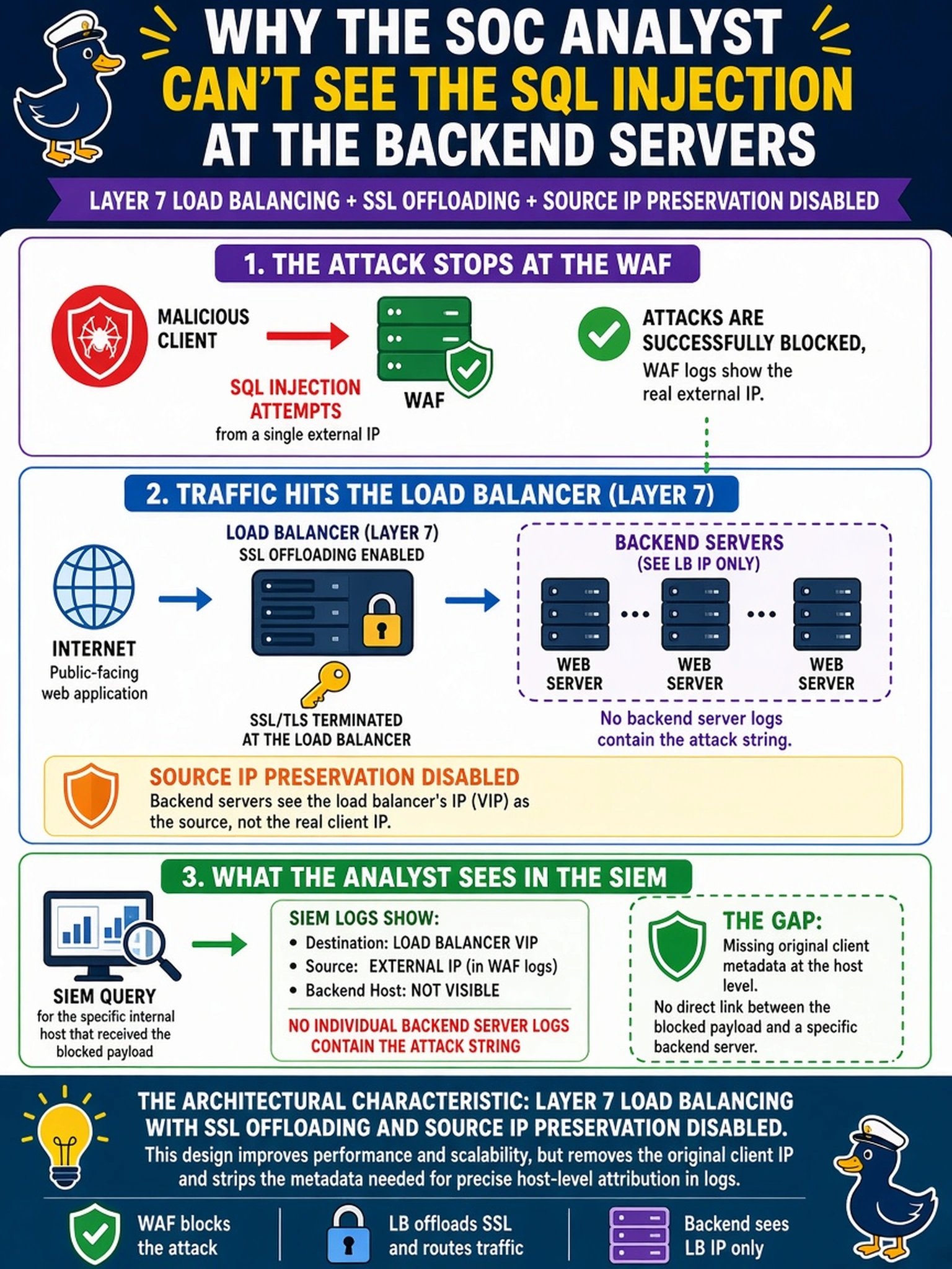 To Create an exciting colorful infographic that explains the concepts in the question: Question: A SOC analyst investigates a series of SQL injection attempts targeting a public-facing web application. The WAF logs show the attacks originated from a single external IP and were successfully blocked. However, when the analyst queries the SIEM for the specific internal host that received the blocked payload, the logs only show traffic hitting the load balancer's VIP. No individual backend server logs contain the attack string. What architectural characteristic most likely explains this lack of host-level attribution? Correct Answer: The load balancer is operating at Layer 7 with SSL offloading and source IP preservation disabled, causing backend servers to see the load balancer's IP as the source while stripping the original client metadata required for precise host correlation. Put EVERY visible label in double quotes. No people. No A/B/C/D letters. In one of the four corners put a little "Navy Duck".