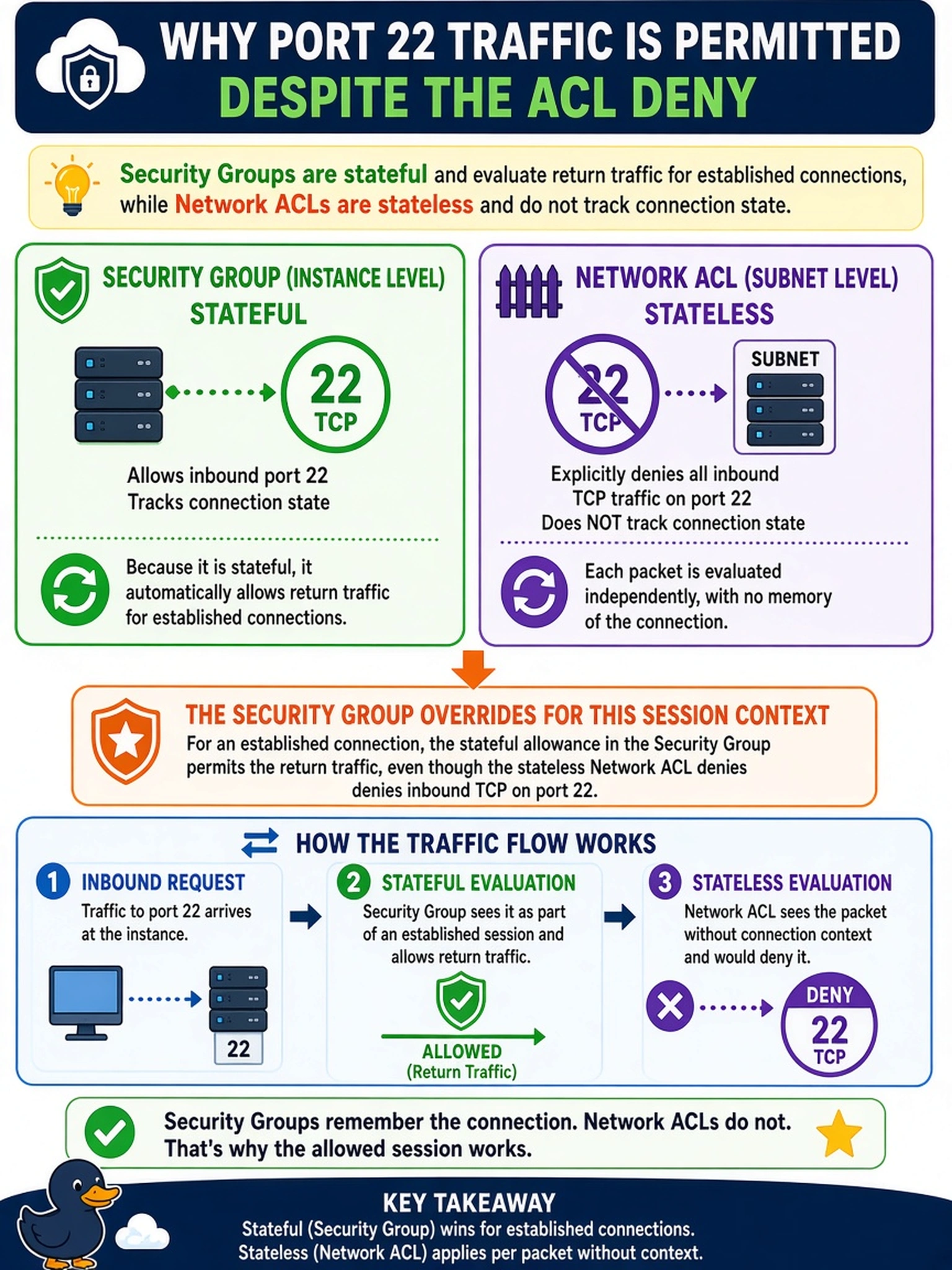 To Create an exciting colorful infographic that explains the concepts in the question: Question: A cloud security analyst observes that a specific EC2 instance is receiving inbound traffic on port 22, despite the associated network ACL explicitly denying all inbound TCP traffic on that port. The instance's security group allows port 22. Which architectural behavior explains why the traffic was permitted? Correct Answer: Security groups are stateful instance-level controls that evaluate return traffic for established connections, whereas network ACLs are stateless subnet-level controls that do not track connection state, meaning the security group's allowance overrides the ACL's stateless deny for this specific session context. Put EVERY visible label in double quotes. No people. No A/B/C/D letters. In one of the four corners put a little "Navy Duck".