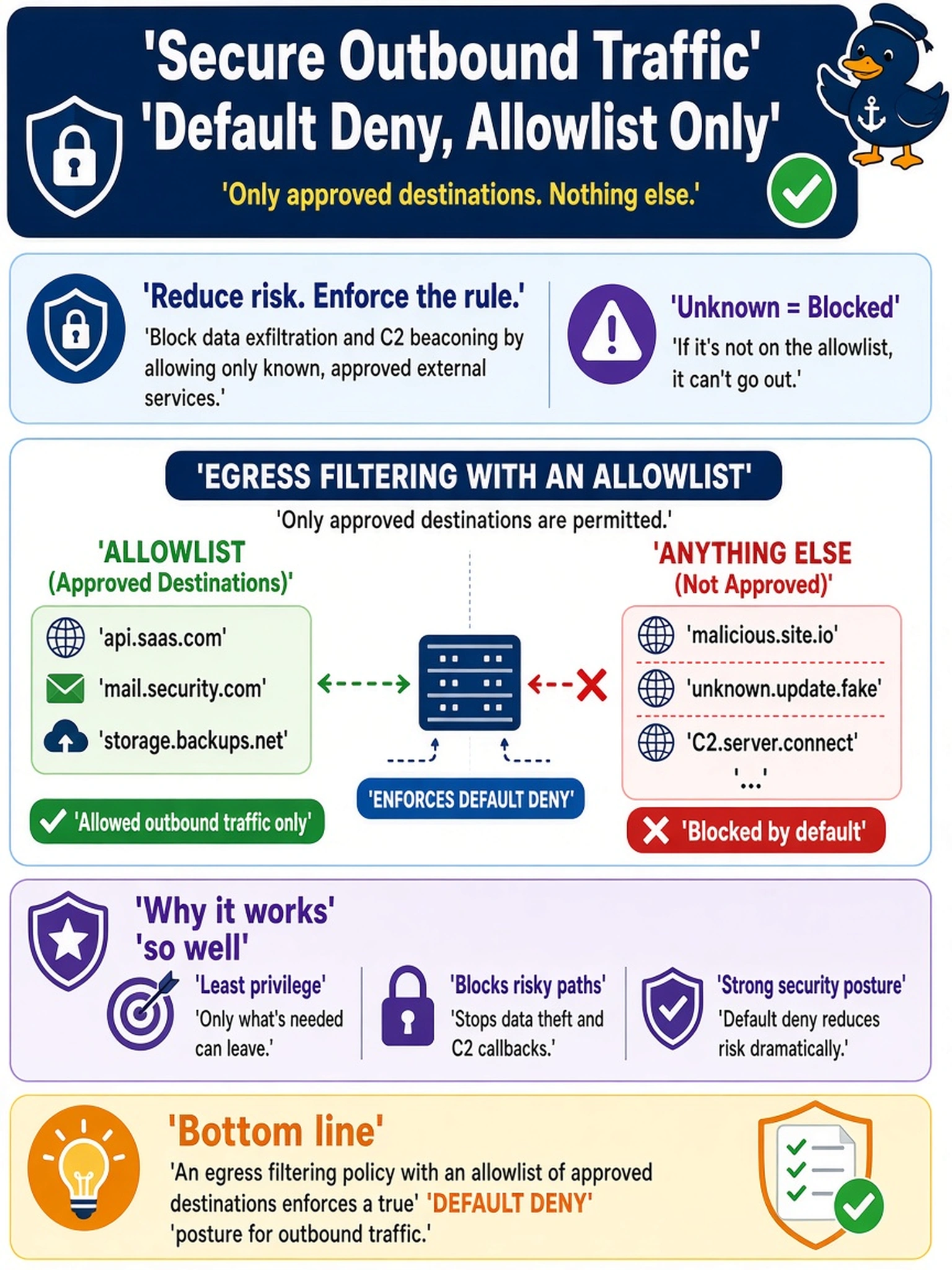 To Create an exciting colorful infographic that explains the concepts in the question: Question: Your SOC manager wants to reduce the risk of data exfiltration and C2 beaconing by ensuring that internal hosts can only communicate with known, approved external services. Which architectural control best enforces this 'default deny' posture for outbound traffic? Correct Answer: Implementing an egress filtering policy with an allowlist of approved destinations Put EVERY visible label in double quotes. No people. No A/B/C/D letters. In one of the four corners put a little "Navy Duck".