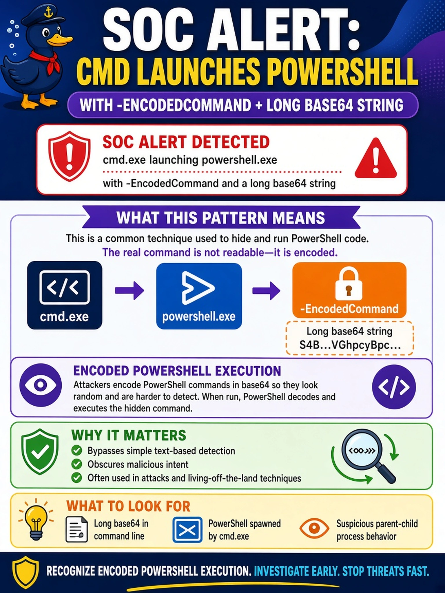 To Create an exciting colorful infographic that explains the concepts in the question: Question: A SOC alert shows cmd.exe launching powershell.exe with -EncodedCommand and a long base64 string. What should the analyst identify? Correct Answer: Encoded PowerShell execution Put EVERY visible label in double quotes. No people. No A/B/C/D letters. In one of the four corners put a little "Navy Duck".