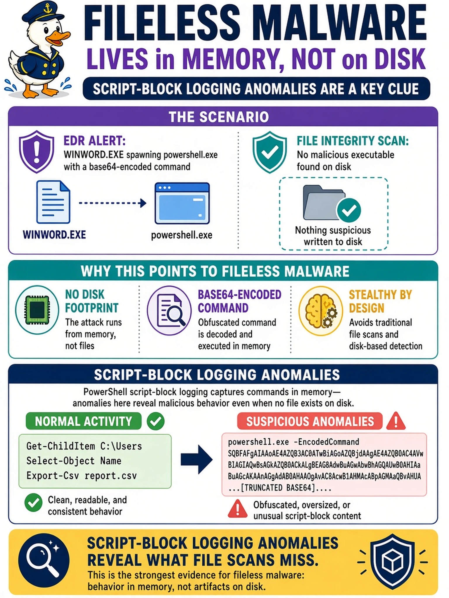 To Create an exciting colorful infographic that explains the concepts in the question: Question: An EDR alert shows WINWORD.EXE spawning powershell.exe with a base64-encoded command, but a file integrity scan finds no malicious executable on disk. Which finding most reliably supports a fileless malware hypothesis? Correct Answer: Script-block logging anomalies Put EVERY visible label in double quotes. No people. No A/B/C/D letters. In one of the four corners put a little "Navy Duck".