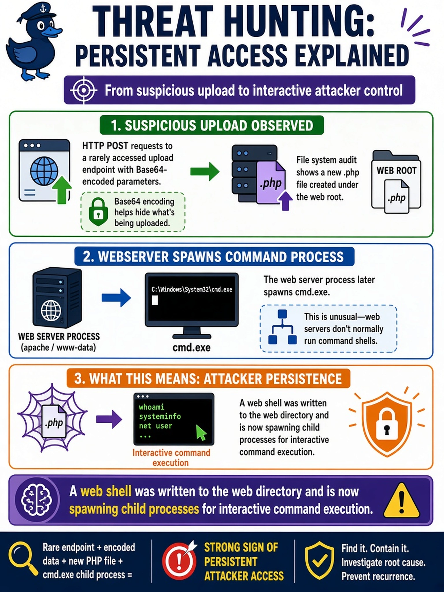 To Create an exciting colorful infographic that explains the concepts in the question: Question: During threat hunting, an analyst sees HTTP POST requests to a rarely accessed upload endpoint with Base64-encoded parameters. File system audit shows a new .php file created under the web root, and the web server process later spawns cmd.exe. Which indicator most strongly points to persistent attacker access? Correct Answer: A web shell was written to the web directory and is now spawning child processes for interactive command execution. Put EVERY visible label in double quotes. No people. No A/B/C/D letters. In one of the four corners put a little "Navy Duck".