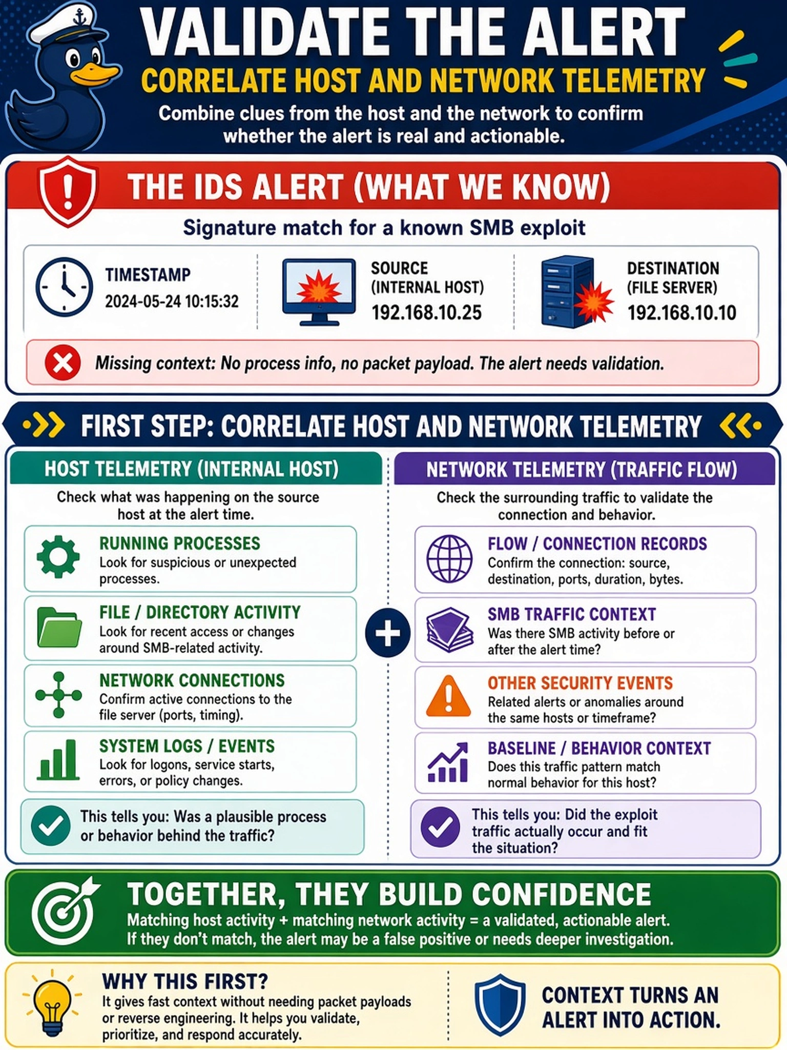 To Create an exciting colorful infographic that explains the concepts in the question: Question: An IDS generates a signature alert for a known SMB exploit from an internal host to a file server. The alert includes timestamp and source/destination but no process or packet payload. What should the analyst do first to validate the alert? Correct Answer: Correlate host and network telemetry. Put EVERY visible label in double quotes. No people. No A/B/C/D letters. In one of the four corners put a little "Navy Duck".