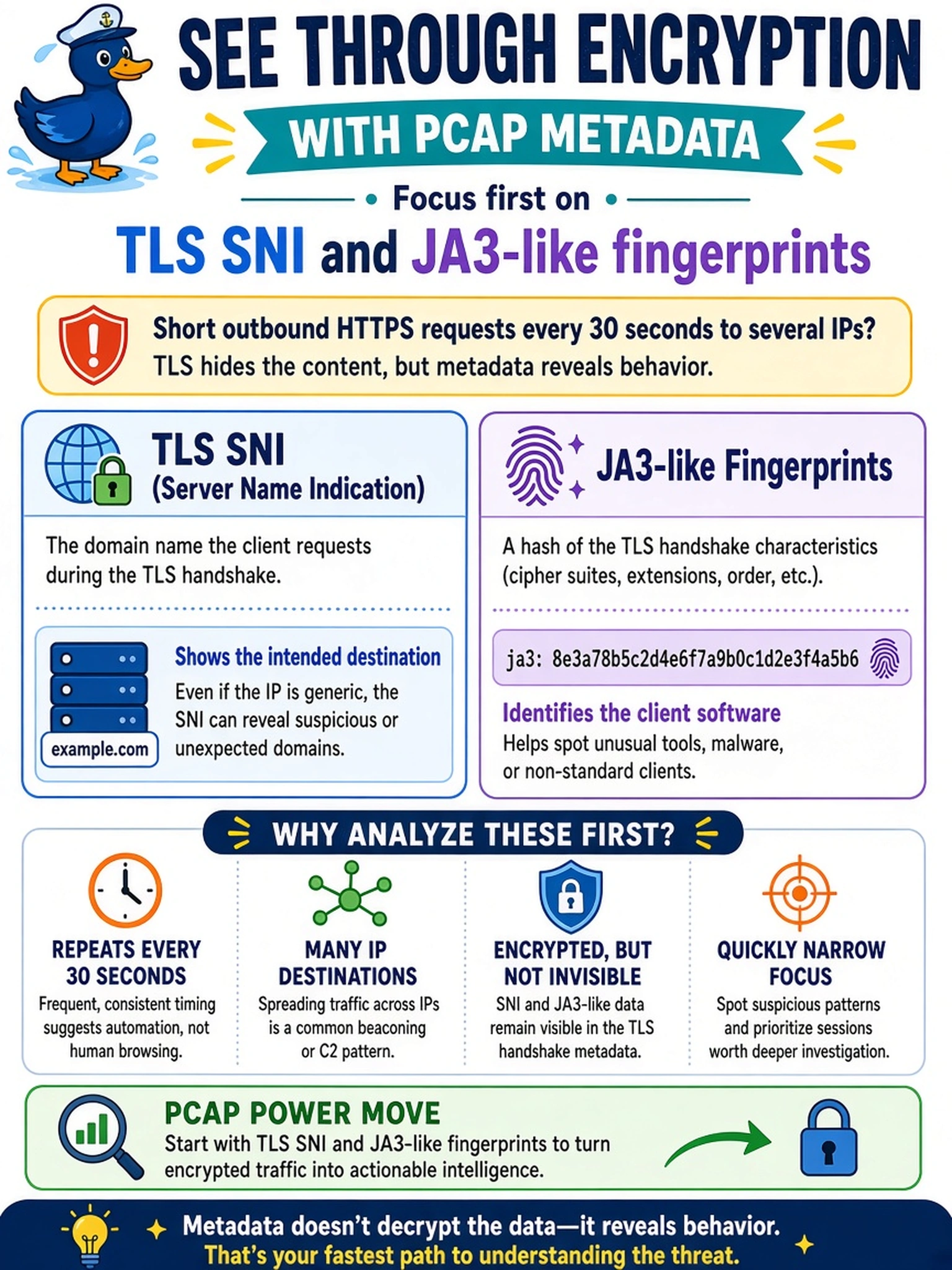 To Create an exciting colorful infographic that explains the concepts in the question: Question: An EDR alert flags a workstation sending short outbound HTTPS requests every 30 seconds to several IP addresses. You have full packet capture, but the sessions are TLS encrypted and you have no decryption keys. Which PCAP-derived metadata should you analyze first to characterize the suspicious encrypted sessions? Correct Answer: TLS SNI and JA3-like fingerprints Put EVERY visible label in double quotes. No people. No A/B/C/D letters. In one of the four corners put a little "Navy Duck".
