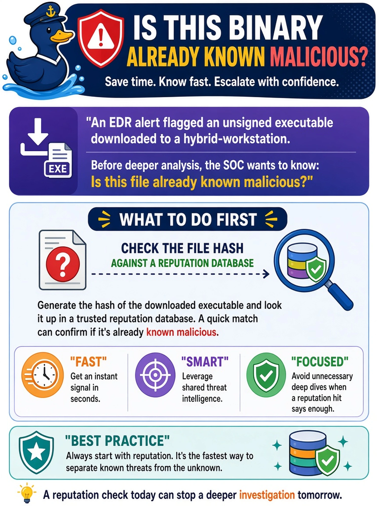 To Create an exciting colorful infographic that explains the concepts in the question: Question: An EDR alert flags an unsigned executable downloaded to a hybrid-workstation. The SOC wants to know if the binary is already known malicious before deeper analysis. What should the analyst do first? Correct Answer: Check the file hash against a reputation database Put EVERY visible label in double quotes. No people. No A/B/C/D letters. In one of the four corners put a little "Navy Duck".