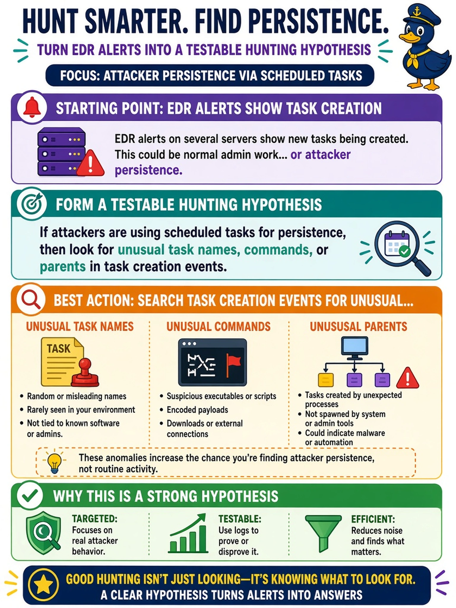 To Create an exciting colorful infographic that explains the concepts in the question: Question: An analyst in a hybrid SOC notices EDR alerts for task creation on several servers and wants to hunt for attacker persistence via scheduled tasks. Which action best represents forming a testable hunting hypothesis? Correct Answer: Search task creation events for unusual task names, commands, or parents. Put EVERY visible label in double quotes. No people. No A/B/C/D letters. In one of the four corners put a little "Navy Duck".