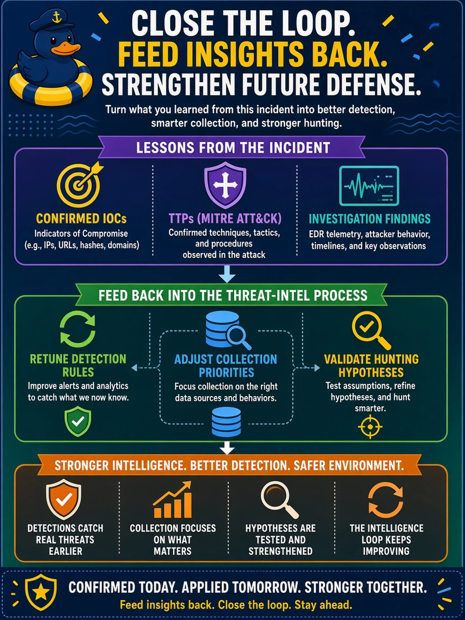 To Create an exciting colorful infographic that explains the concepts in the question: Question: After a phishing-to-lateral-movement incident is closed, the analyst has confirmed IOCs, MITRE ATT&CK techniques, and EDR telemetry showing the attacker's behavior. What should the analyst do next to close the intelligence loop and improve future detection? Correct Answer: Feed confirmed IOCs, TTPs, and investigation findings back into the threat-intel process so analysts can retune detection rules, adjust collection priorities, and validate hunting hypotheses. Put EVERY visible label in double quotes. No people. No A/B/C/D letters. In one of the four corners put a little "Navy Duck".