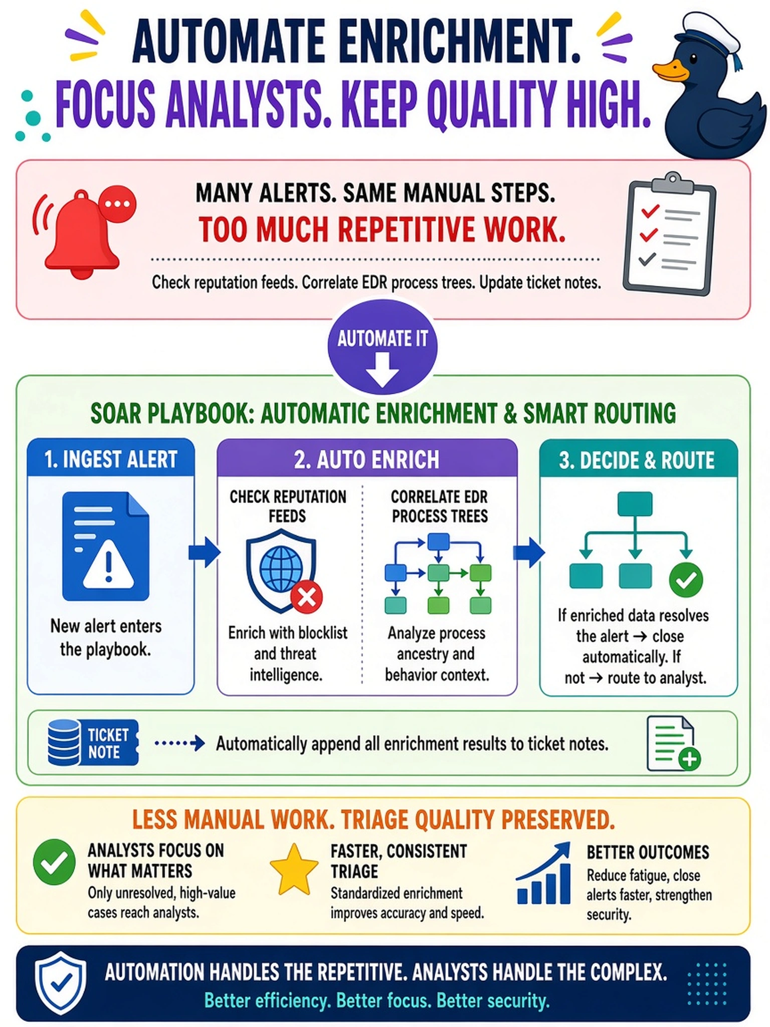 To Create an exciting colorful infographic that explains the concepts in the question: Question: Your SOC receives dozens of daily alerts that require the same enrichment steps: checking reputation feeds, correlating EDR process trees, and updating ticket notes. Which change most directly reduces manual analyst effort while preserving triage quality? Correct Answer: Create a SOAR playbook that automatically enriches each alert with blocklist and EDR context, then routes only unresolved cases to an analyst. Put EVERY visible label in double quotes. No people. No A/B/C/D letters. In one of the four corners put a little "Navy Duck".