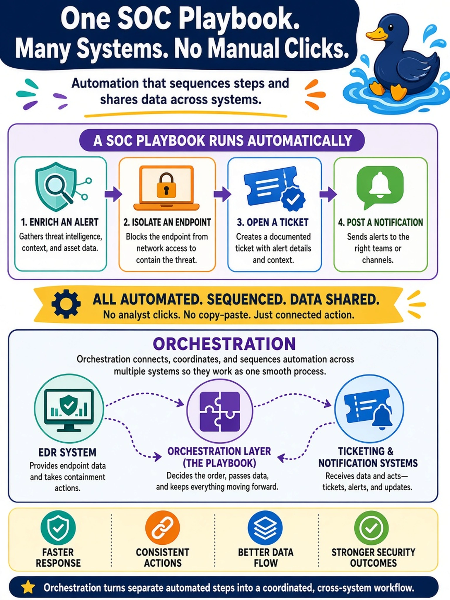 To Create an exciting colorful infographic that explains the concepts in the question: Question: A SOC playbook automatically enriches an alert, isolates an endpoint, opens a ticket, and posts a notification without analyst clicks. Each step is already automated, but the analyst notices the steps are sequenced and share data across EDR, ticketing, and notification systems. Which capability best describes this cross-system coordination? Correct Answer: Orchestration Put EVERY visible label in double quotes. No people. No A/B/C/D letters. In one of the four corners put a little "Navy Duck".