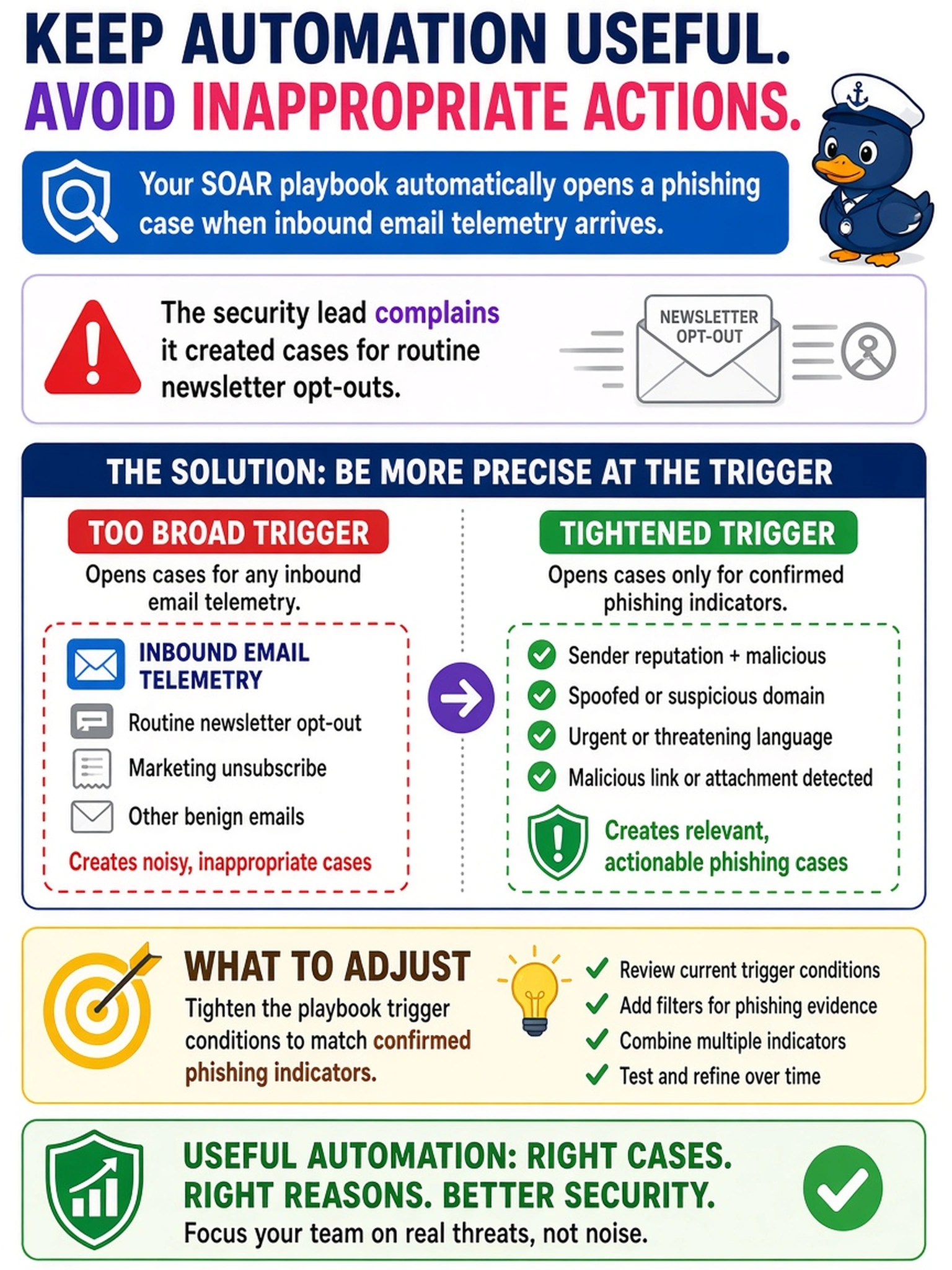 To Create an exciting colorful infographic that explains the concepts in the question: Question: Your SOAR playbook automatically opens a phishing case when inbound email telemetry arrives. The security lead complains it created cases for routine newsletter opt-outs and asks how to keep automation useful without inappropriate actions. What should you adjust? Correct Answer: Tighten the playbook trigger conditions to match confirmed phishing indicators Put EVERY visible label in double quotes. No people. No A/B/C/D letters. In one of the four corners put a little "Navy Duck".