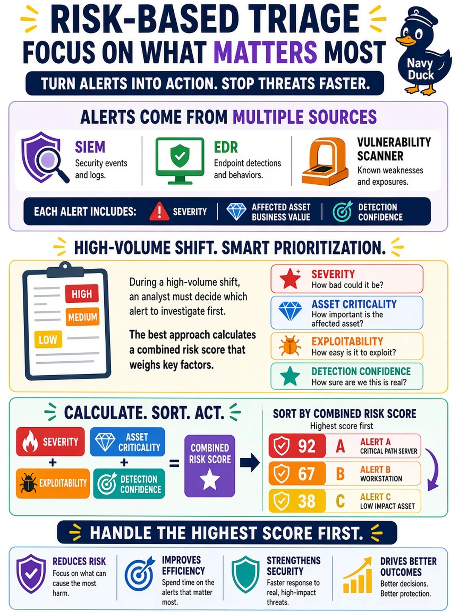 To Create an exciting colorful infographic that explains the concepts in the question: Question: An enterprise SOC triage queue feeds alerts from SIEM, EDR, and a vulnerability scanner. Each alert includes severity, affected asset business value, and detection confidence. During a high-volume shift, an analyst must decide which alert to investigate first. Which prioritization method best reflects risk-based triage? Correct Answer: Sort alerts by a combined risk score that weighs severity, asset criticality, exploitability, and detection confidence, then handle the highest score first. Put EVERY visible label in double quotes. No people. No A/B/C/D letters. In one of the four corners put a little "Navy Duck".