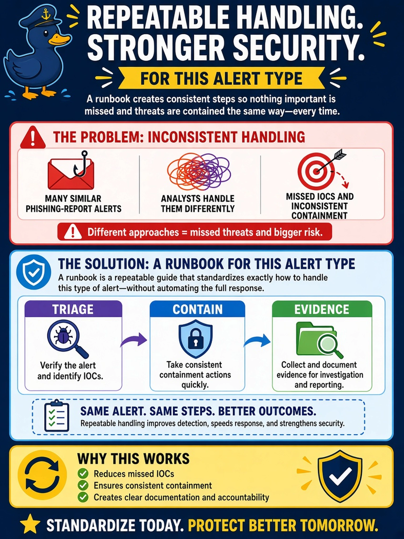 To Create an exciting colorful infographic that explains the concepts in the question: Question: A SOC receives many similar phishing-report alerts. Analysts handle them differently, causing missed IOCs and inconsistent containment. The team wants repeatable handling for this alert type without automating full response. Which control should the analyst recommend? Correct Answer: A runbook defining triage, containment, and evidence steps for the alert Put EVERY visible label in double quotes. No people. No A/B/C/D letters. In one of the four corners put a little "Navy Duck".