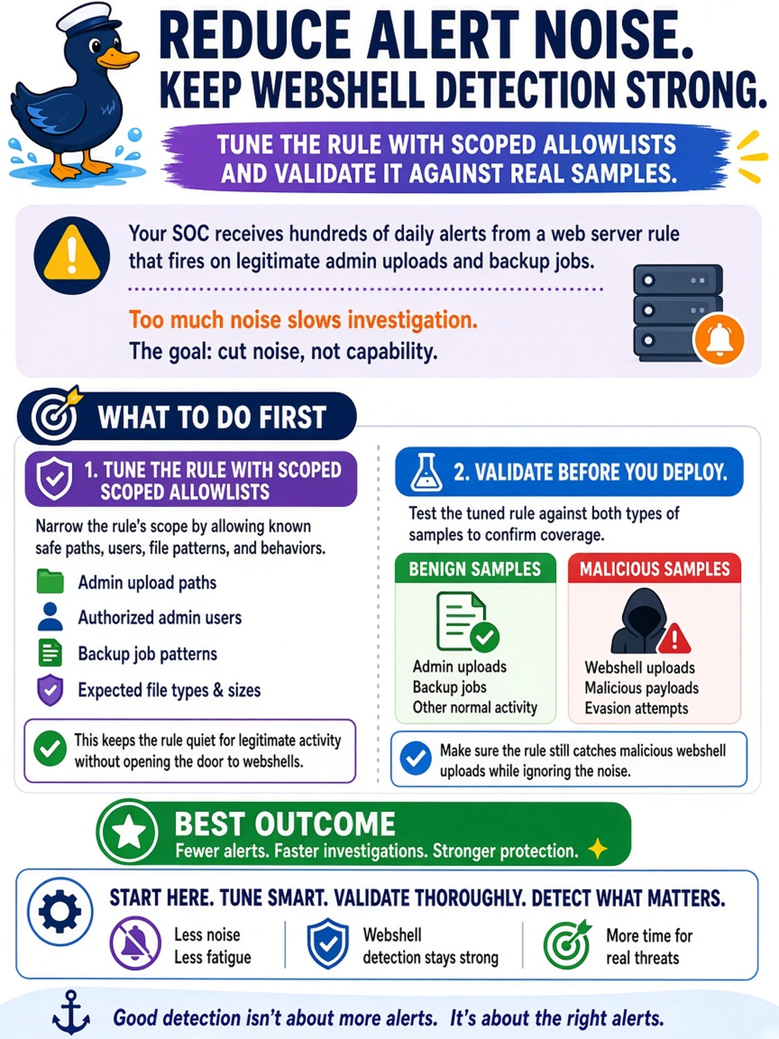 To Create an exciting colorful infographic that explains the concepts in the question: Question: Your SOC receives hundreds of daily alerts from a web server rule that fires on legitimate admin uploads and backup jobs. You want to reduce noise without losing detection for malicious webshell uploads. What should you do first? Correct Answer: Tune the rule with scoped allowlists and validate it against benign and malicious samples. Put EVERY visible label in double quotes. No people. No A/B/C/D letters. In one of the four corners put a little "Navy Duck".