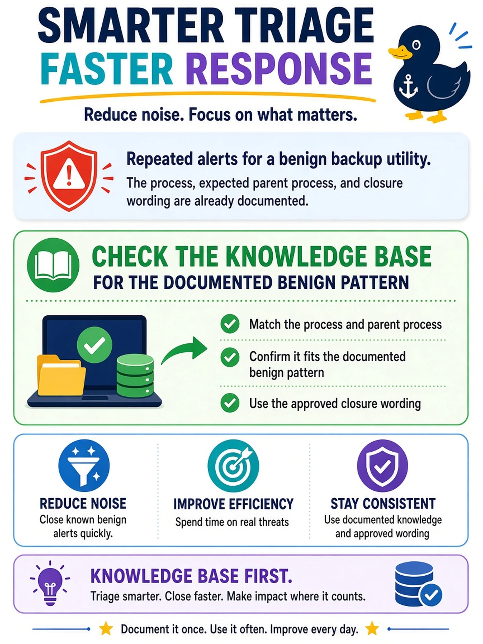 To Create an exciting colorful infographic that explains the concepts in the question: Question: Your SOC receives repeated alerts for a benign backup utility. The team has already documented the process, expected parent process, and closure wording. What should the analyst do first to improve triage efficiency? Correct Answer: Check the knowledge base for the documented benign pattern. Put EVERY visible label in double quotes. No people. No A/B/C/D letters. In one of the four corners put a little "Navy Duck".
