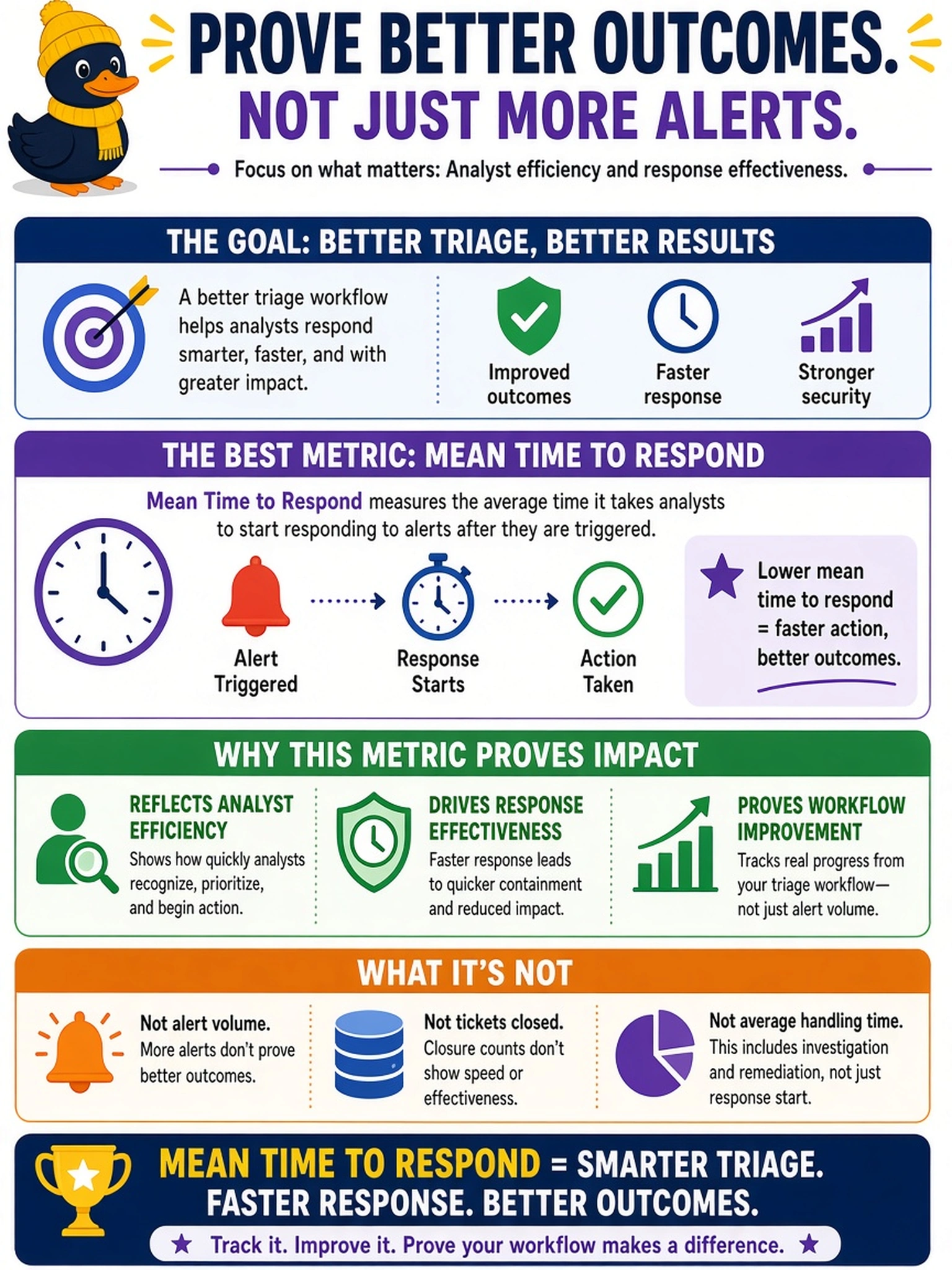 To Create an exciting colorful infographic that explains the concepts in the question: Question: Your SOC manager wants to prove a triage workflow improved outcomes, not just alert volume. Which metric best reflects analyst efficiency and response effectiveness? Correct Answer: Mean time to respond Put EVERY visible label in double quotes. No people. No A/B/C/D letters. In one of the four corners put a little "Navy Duck".